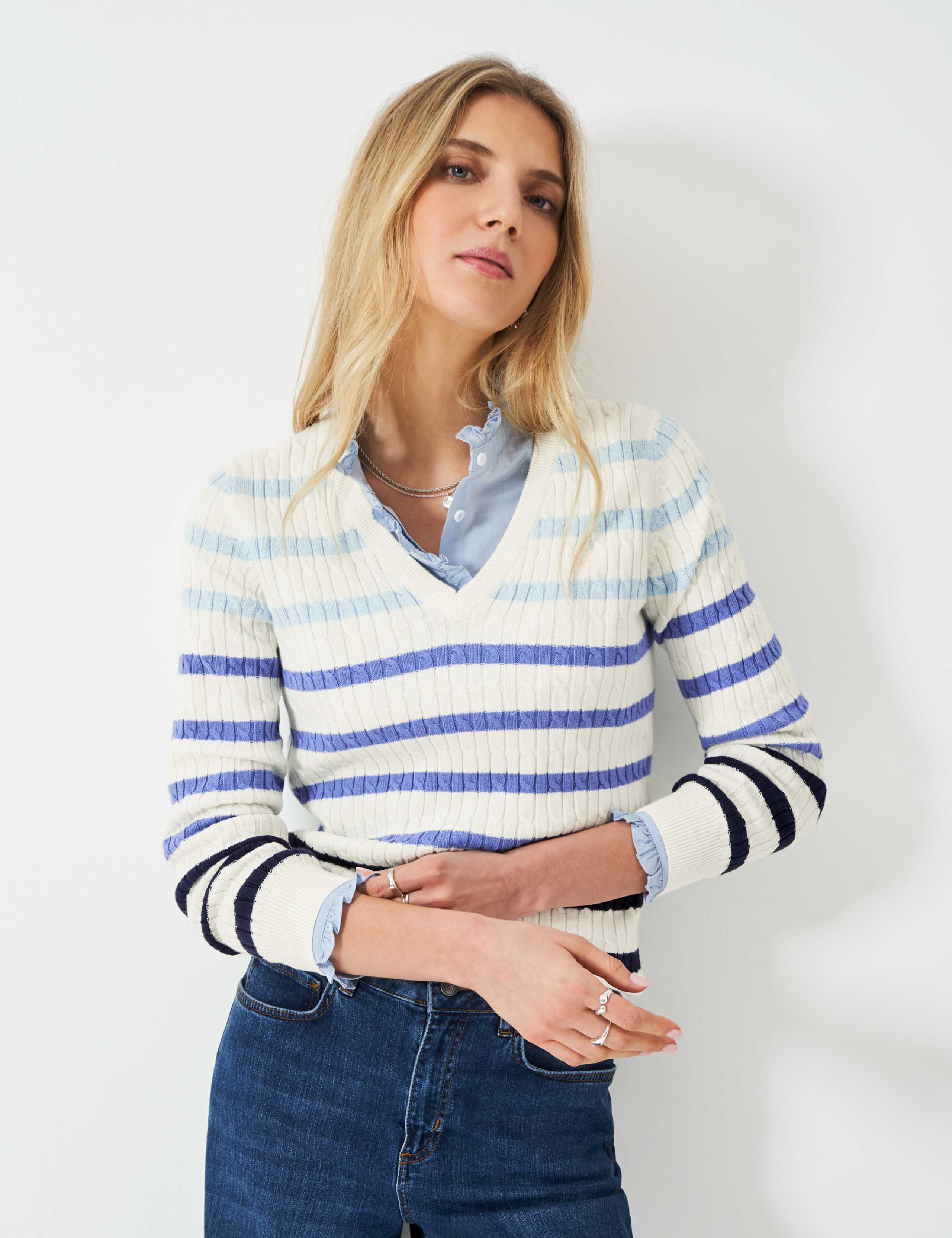 Cotton Rich Striped Cable Knit V-Neck Jumper