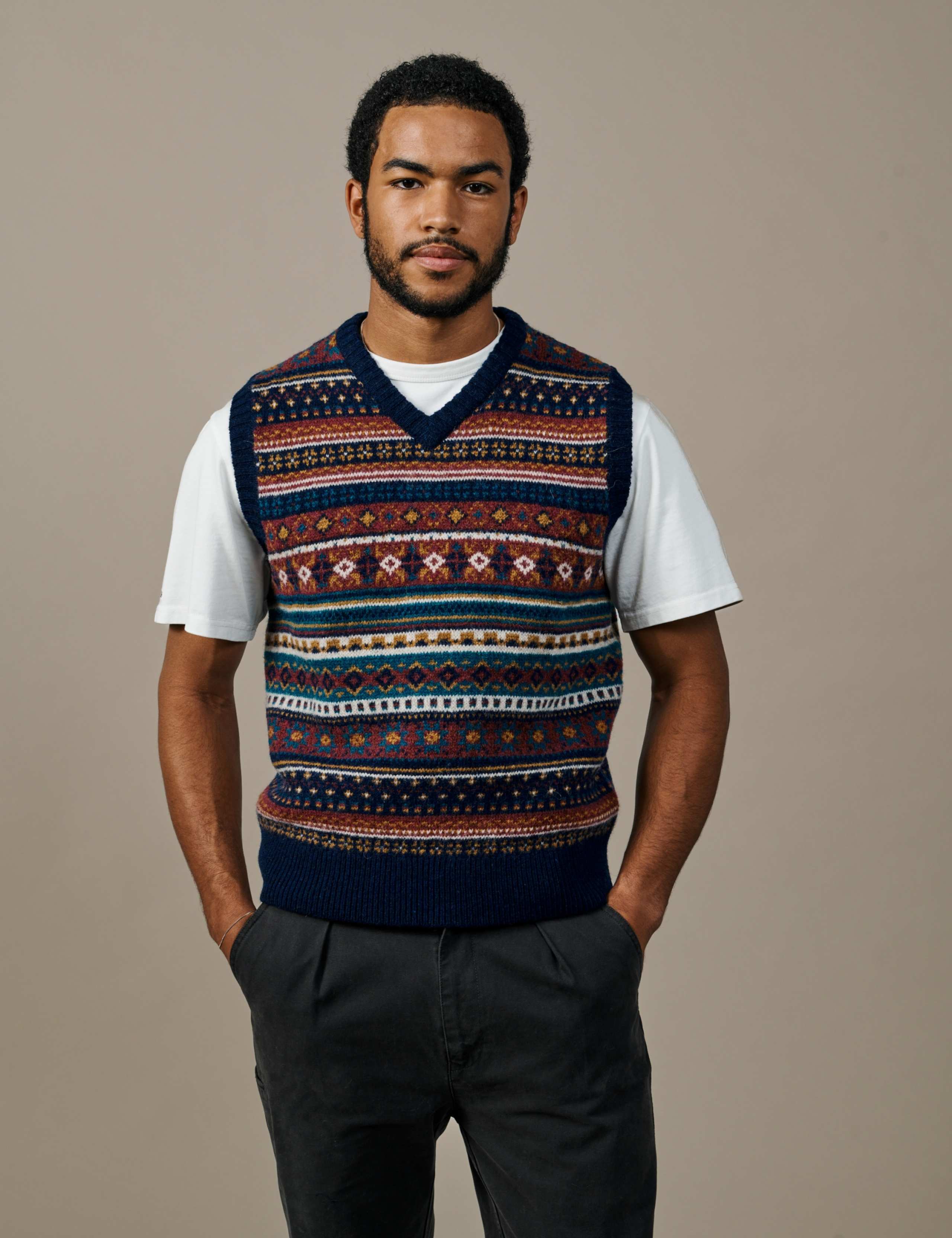 Fairisle V Neck Knitted Tank Top with Wool