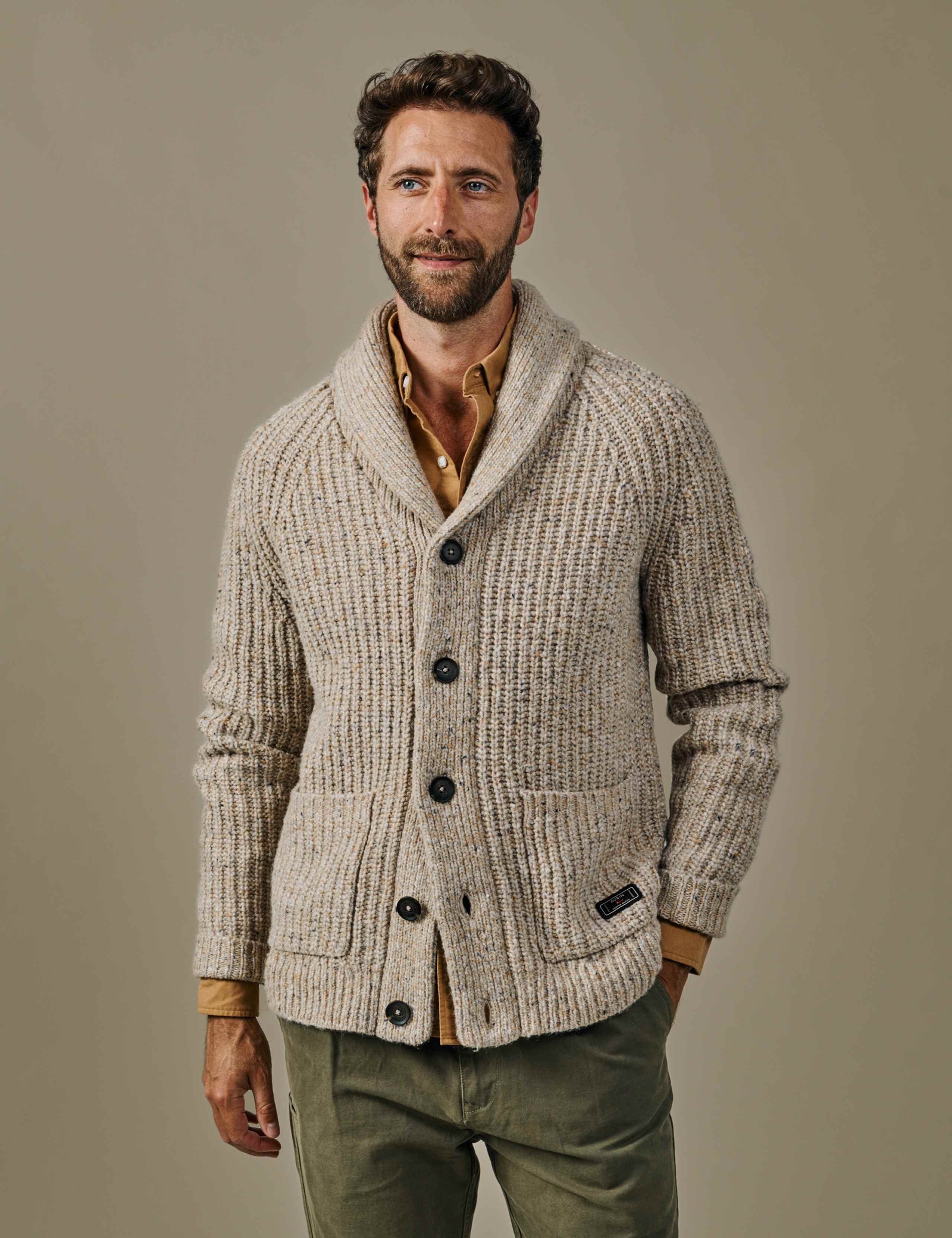Merino Wool Rich Textured Funnel Neck Cardigan