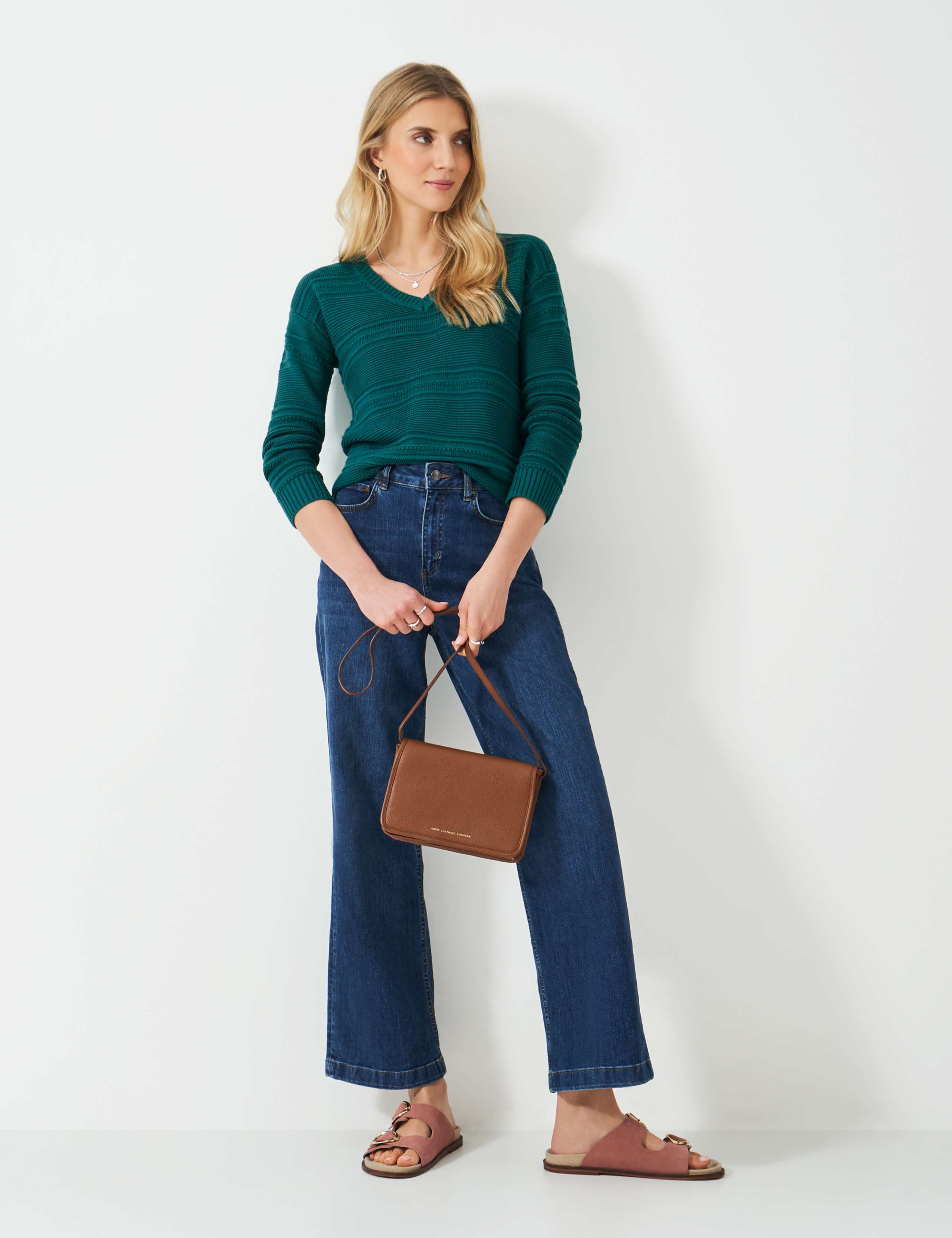 Cotton Blend Textured V-Neck Jumper