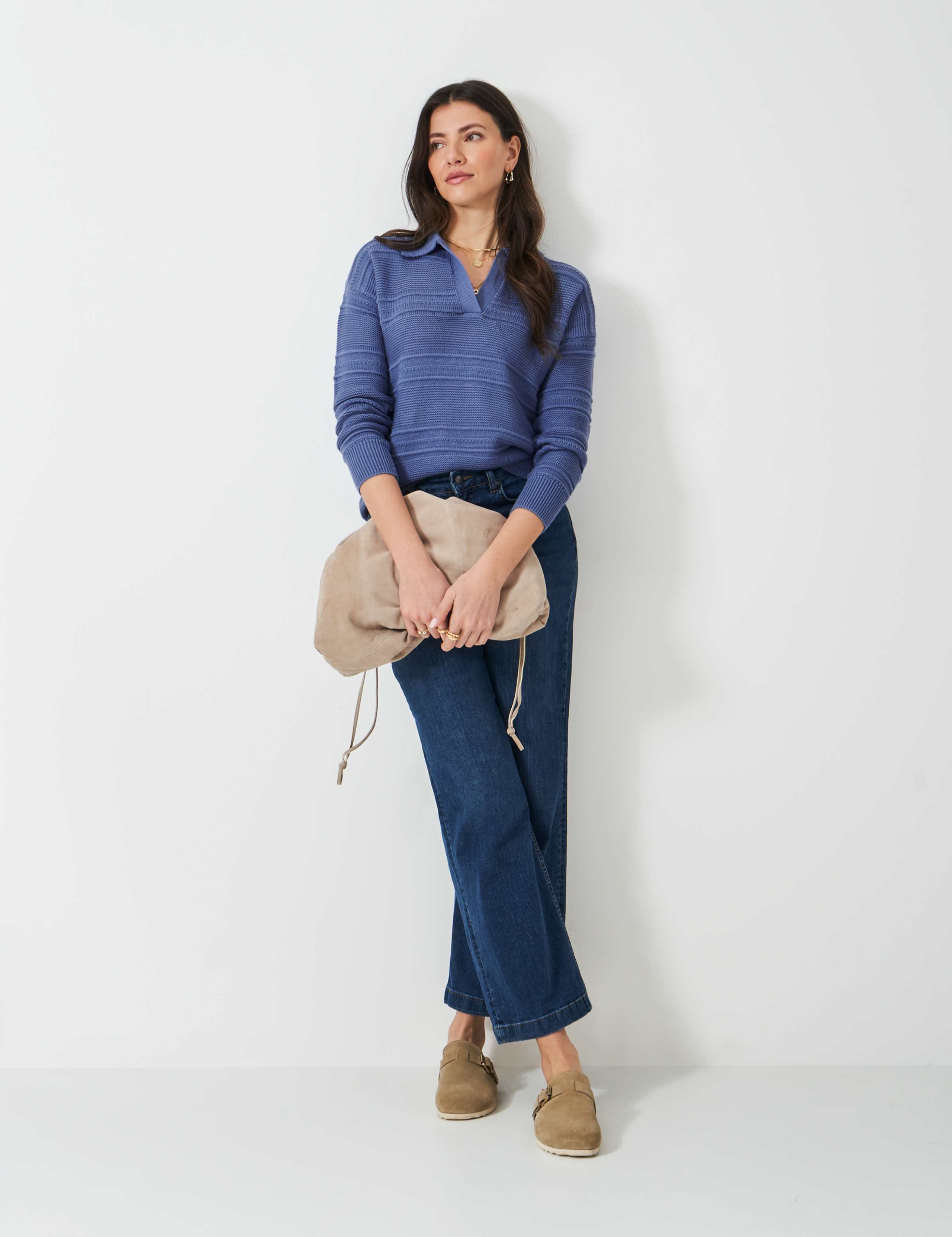 Cotton Blend Textured Collared Jumper