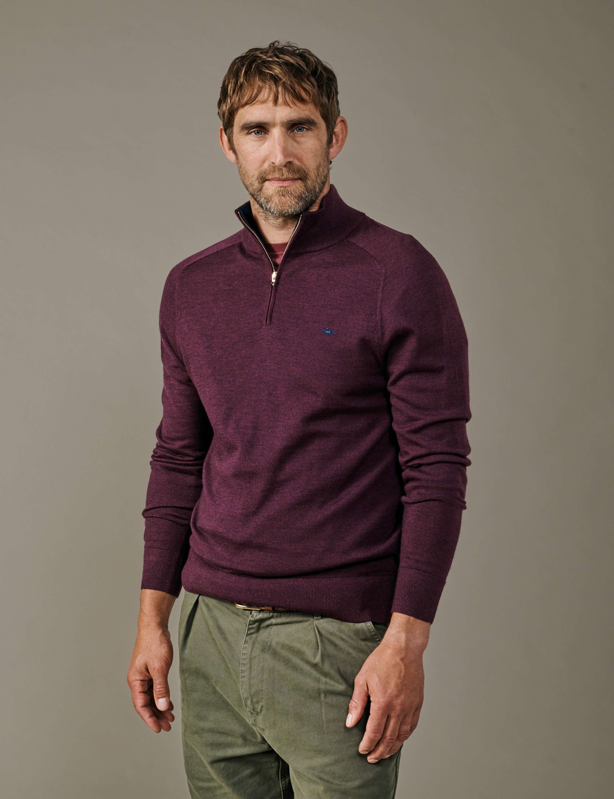 Pure Merino Wool Herringbone Half Zip Jumper