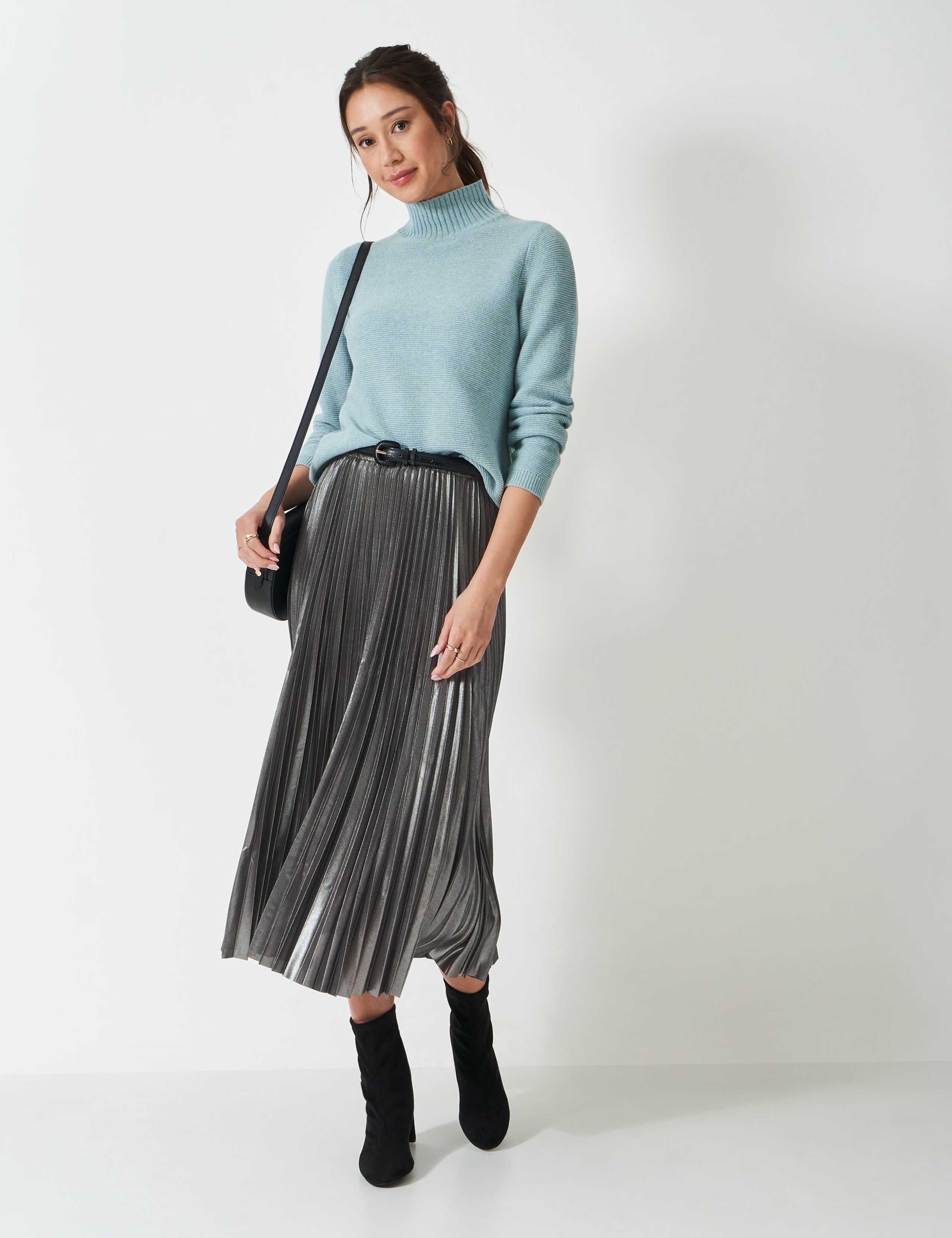 Metallic Pleated Midi Skirt