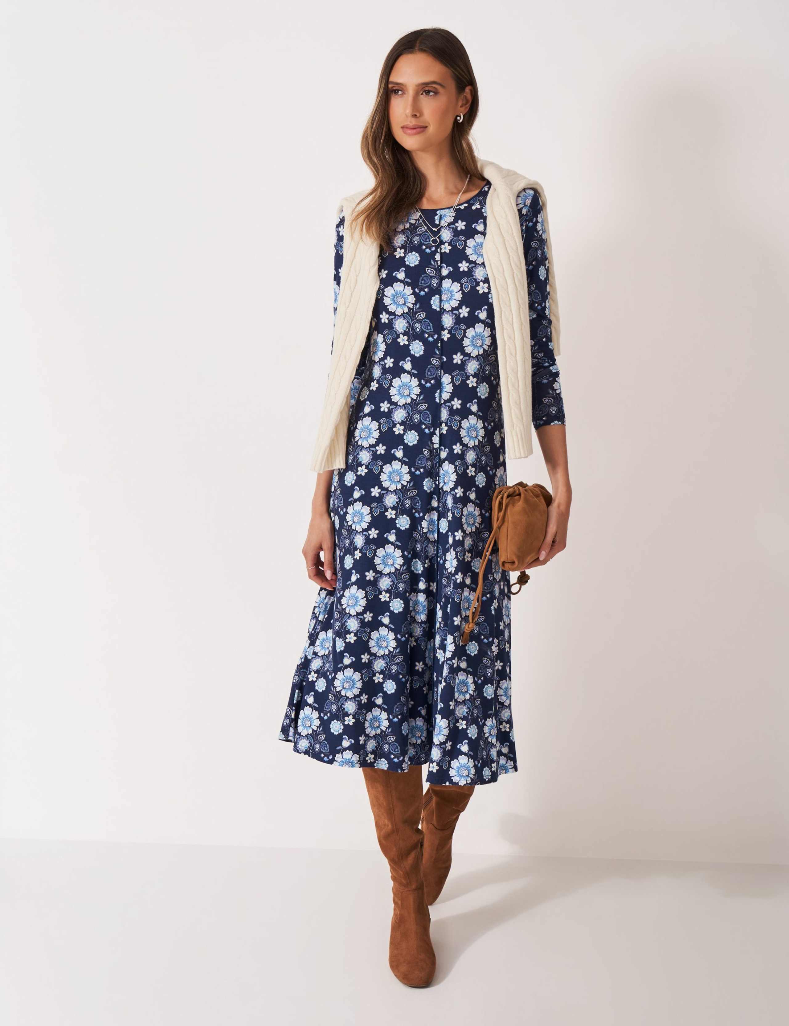 Jersey Floral Round Neck Midi Tea Dress