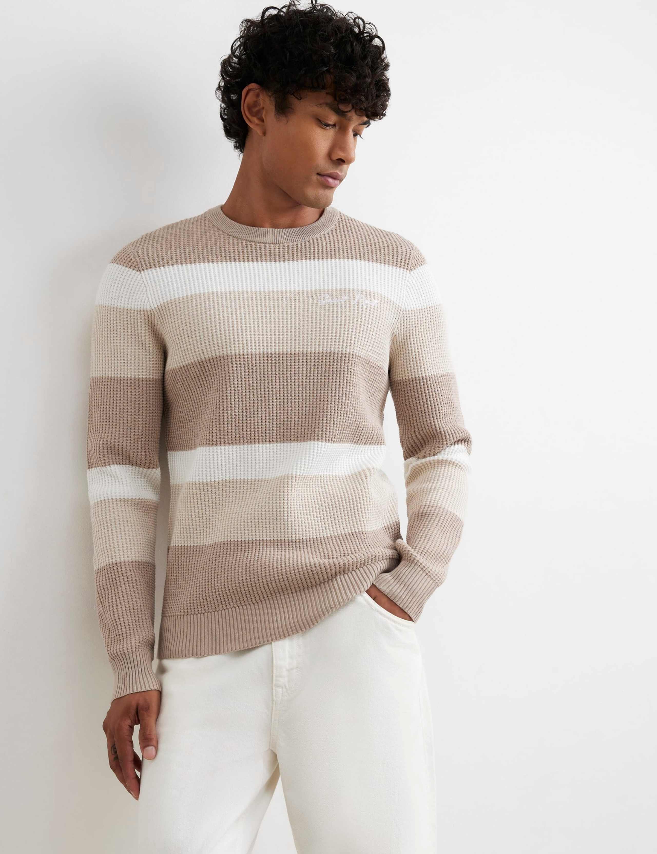 Pure Cotton Striped Crew Neck Jumper