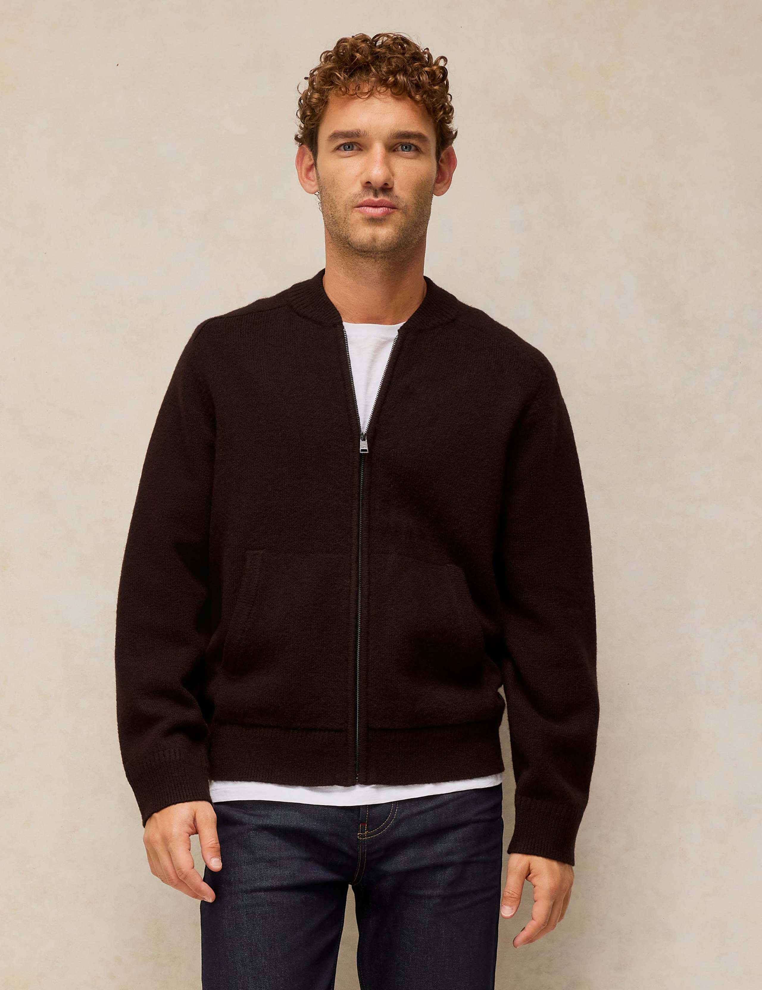 Zip Fastening Bomber Cardigan with Wool