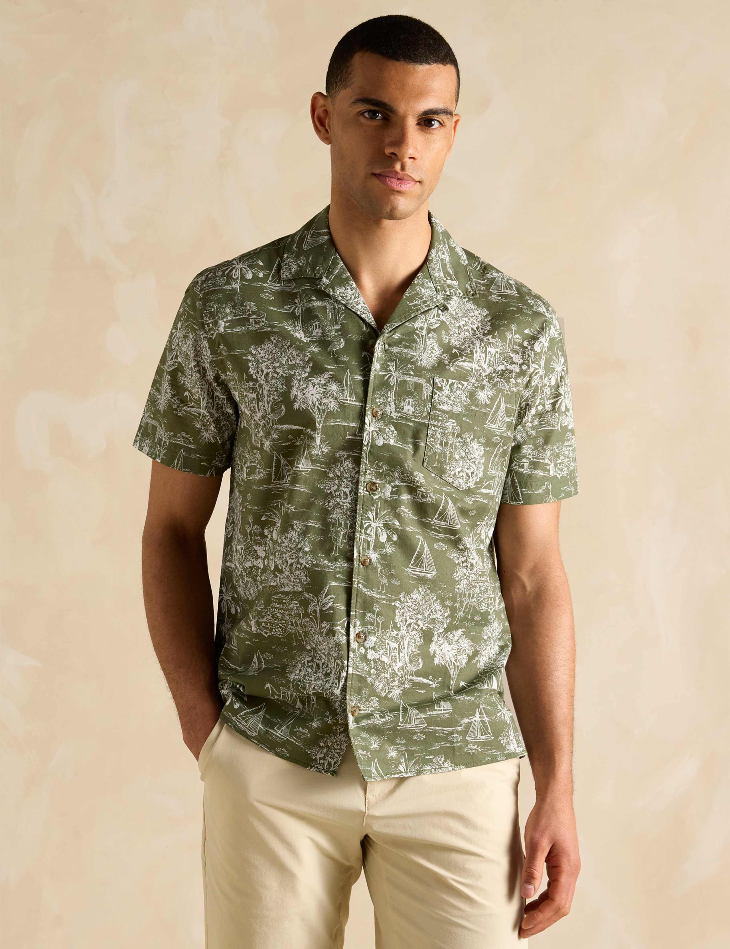Linen Blend Tropical Print Shirt