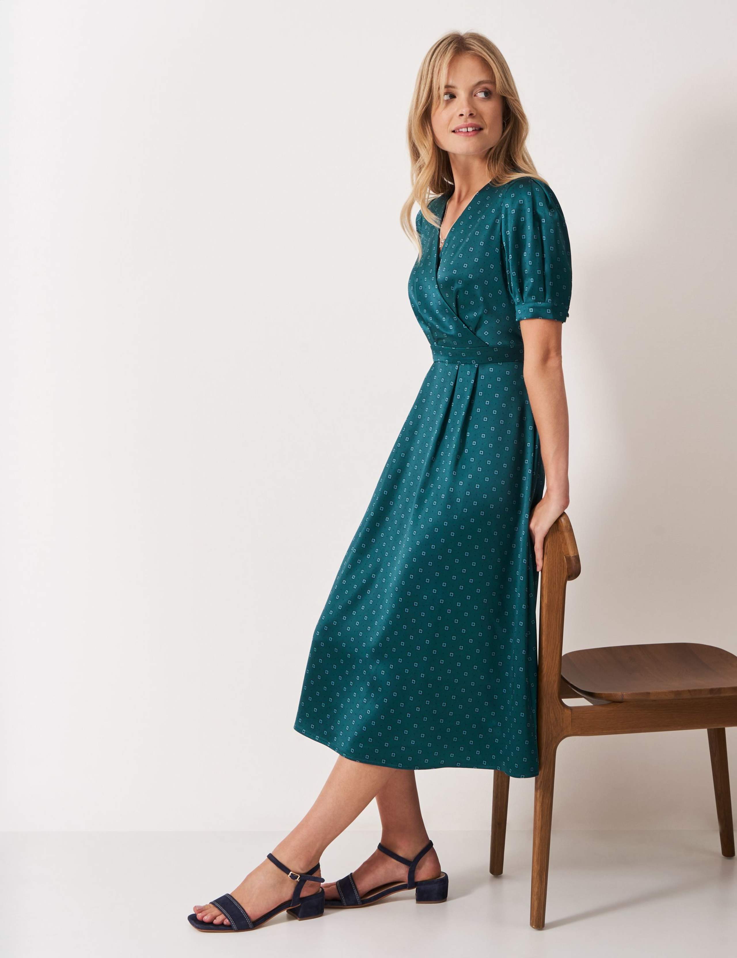 Satin Printed Midi Wrap Dress