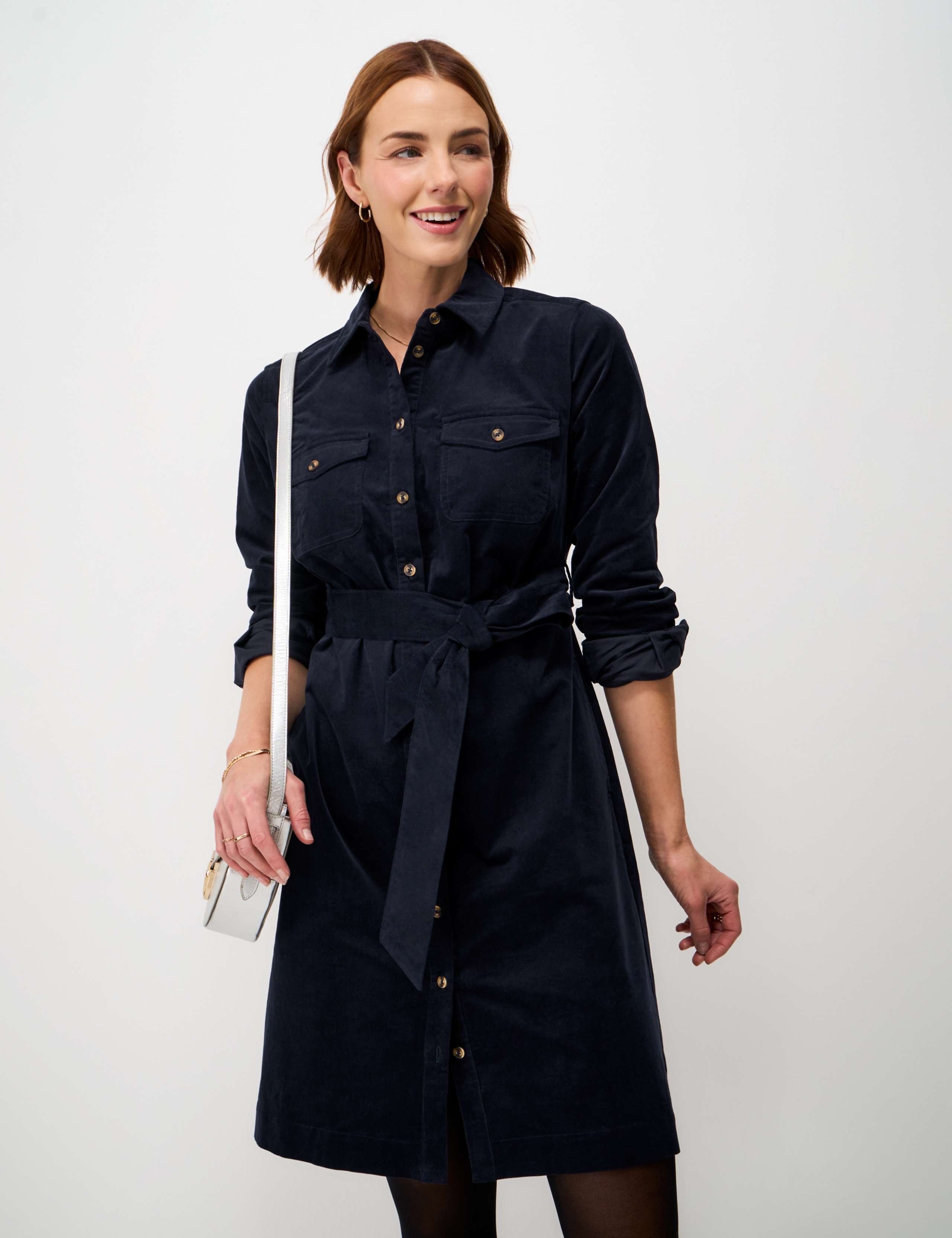 Cord Collared Tie Detail Midi Column Dress