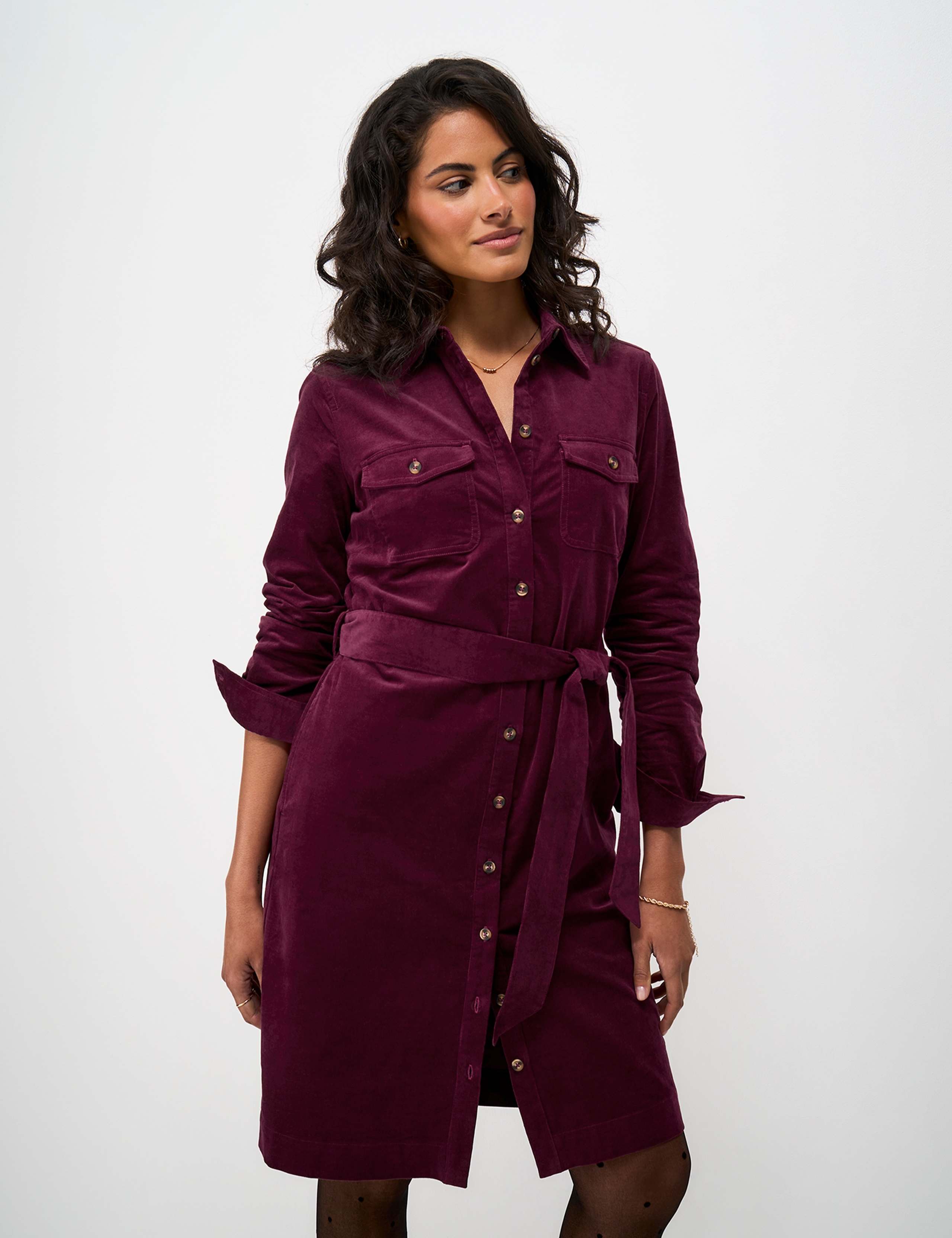Cord Collared Tie Detail Midi Column Dress