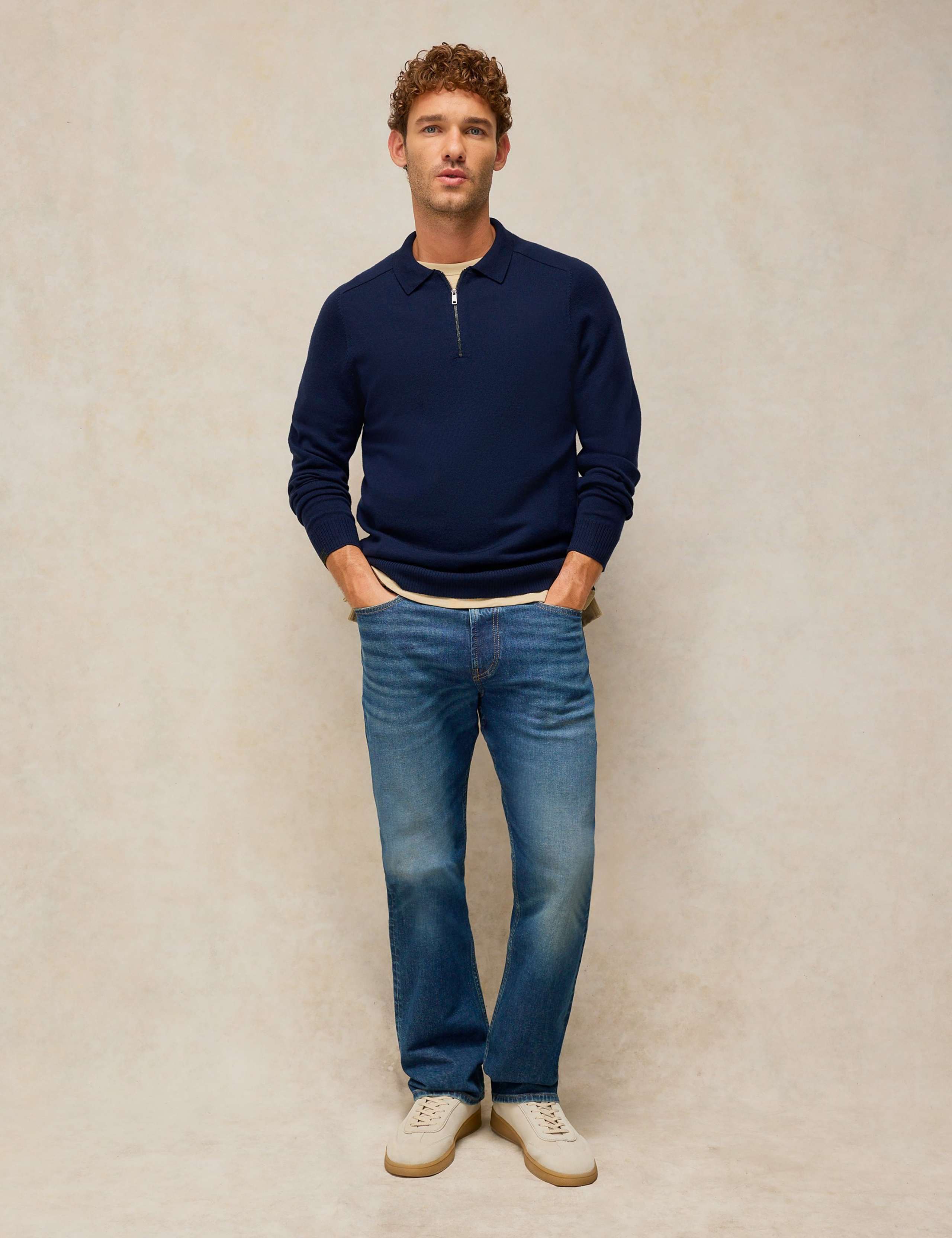 Pure Wool Half Zip Long Sleeve Polo Shirt