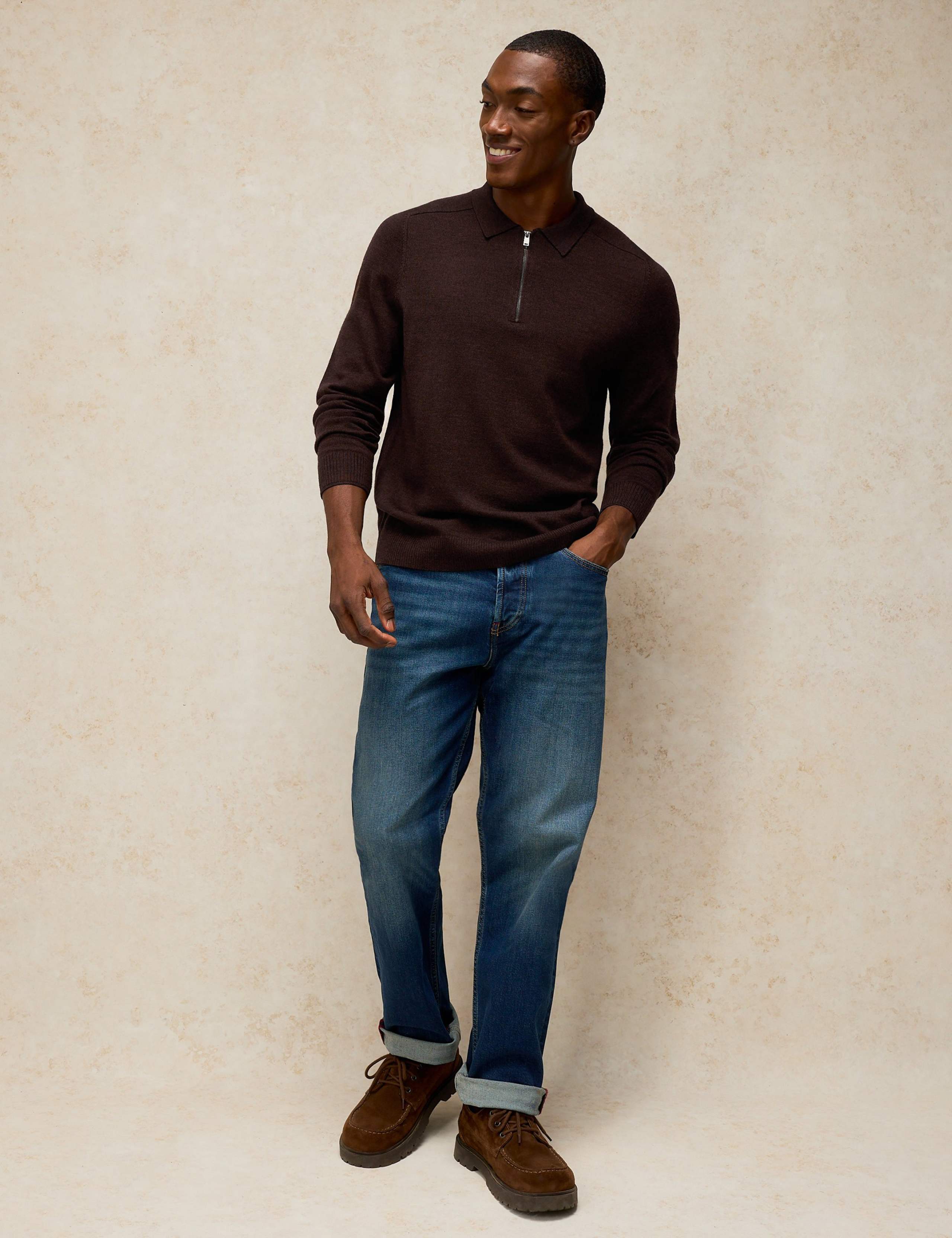 Pure Wool Half Zip Long Sleeve Polo Shirt
