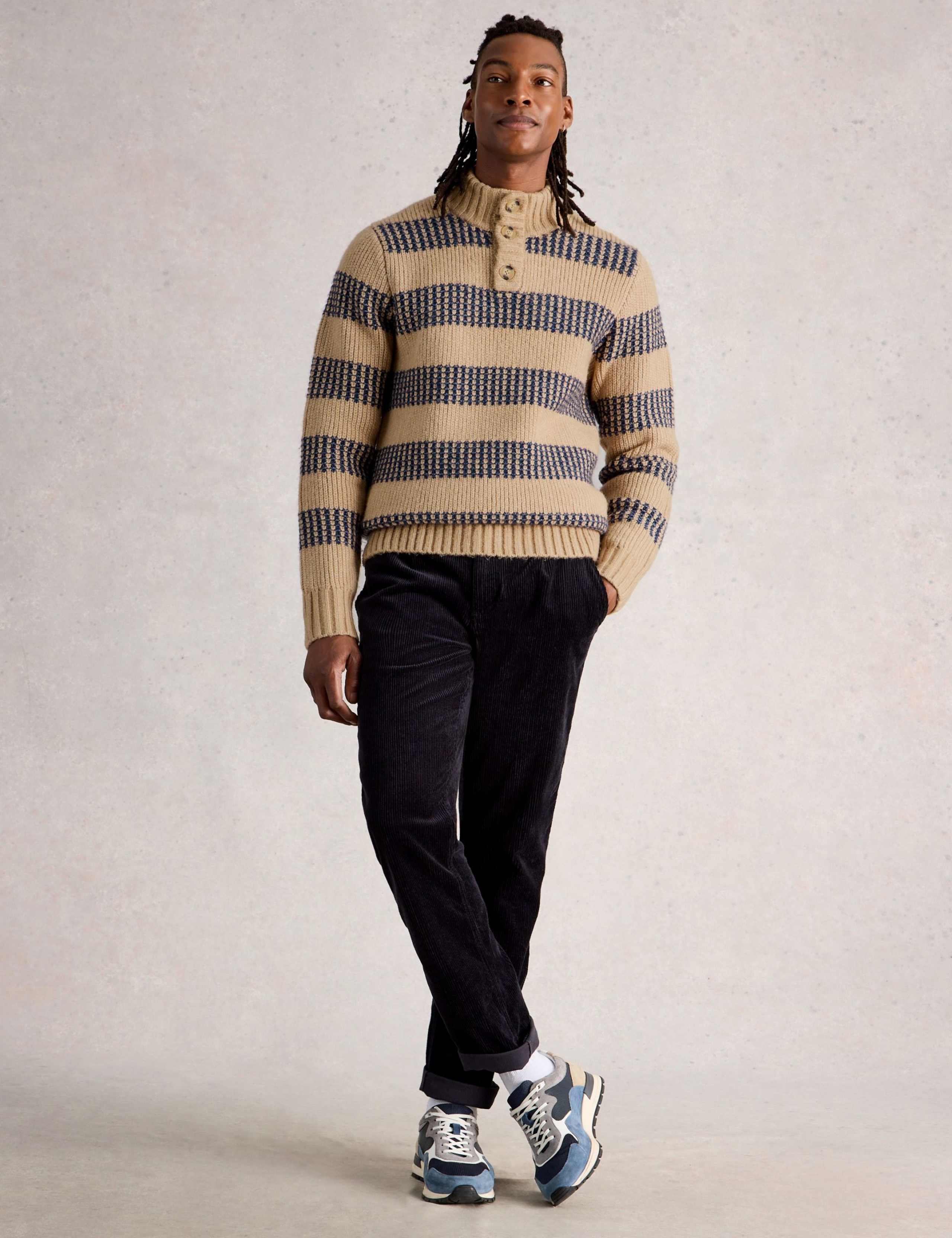 Striped Funnel Neck Half Button Jumper