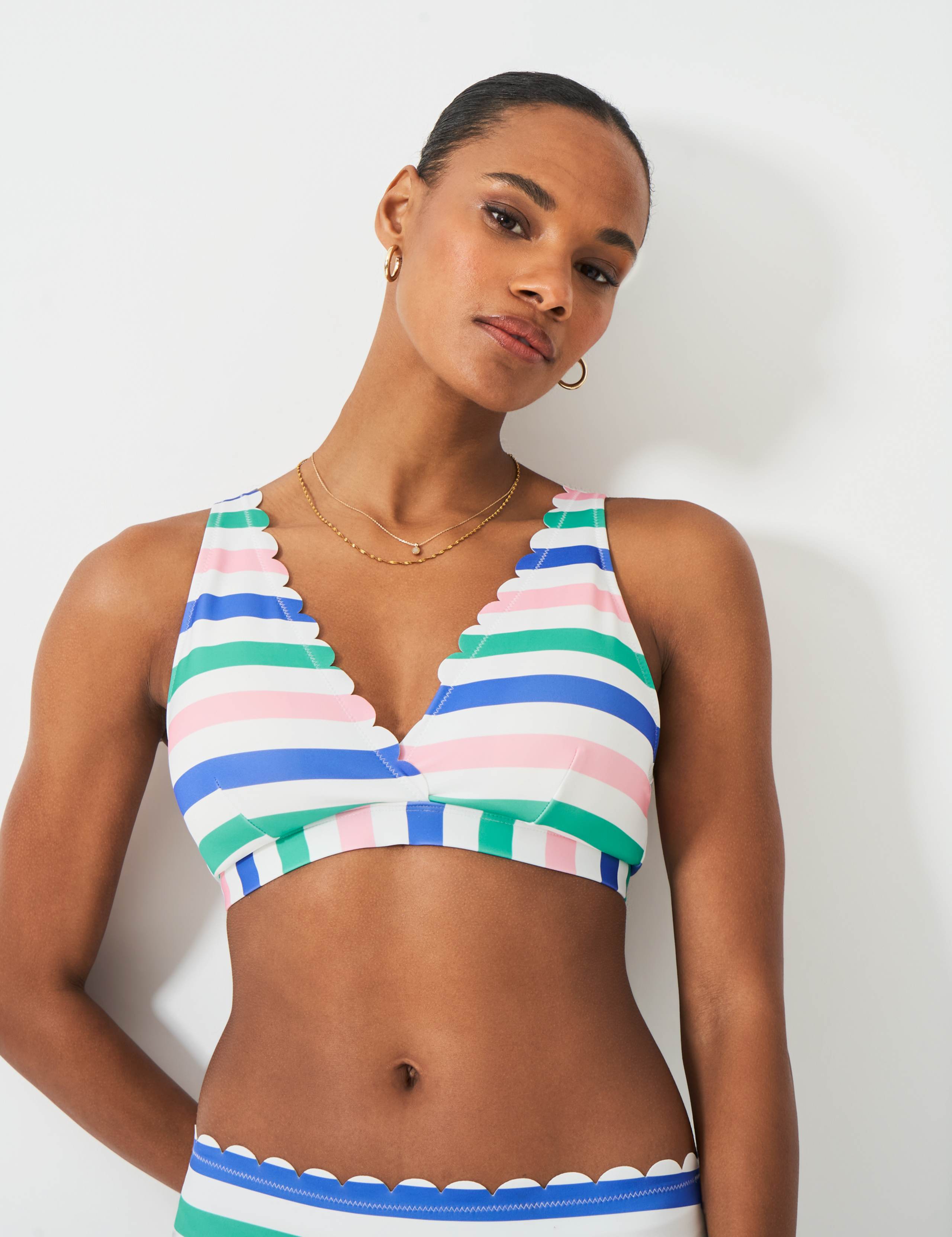 Striped Padded Scallop V-Neck Bikini Top