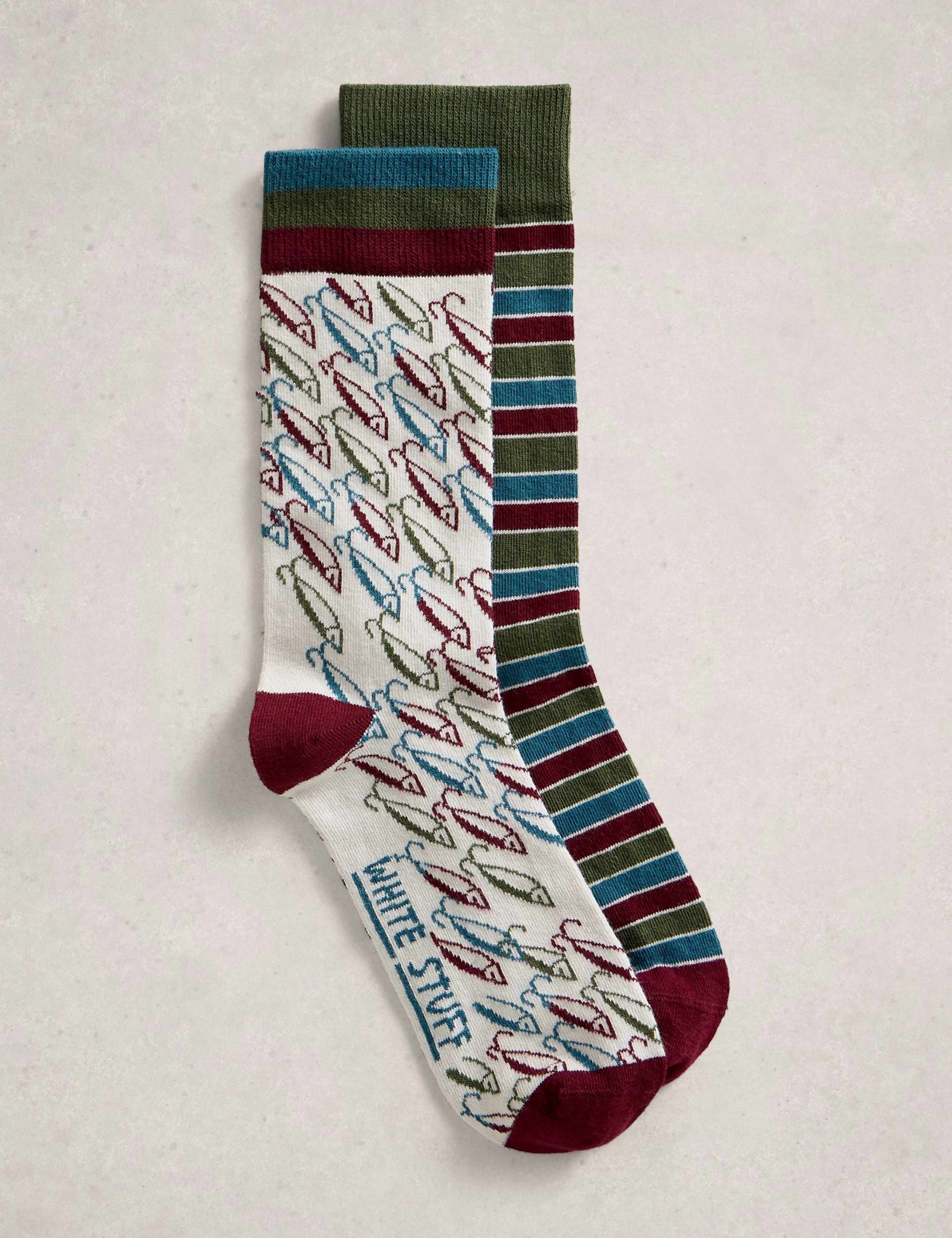 2 Pack Fish & Striped Cotton Rich Socks