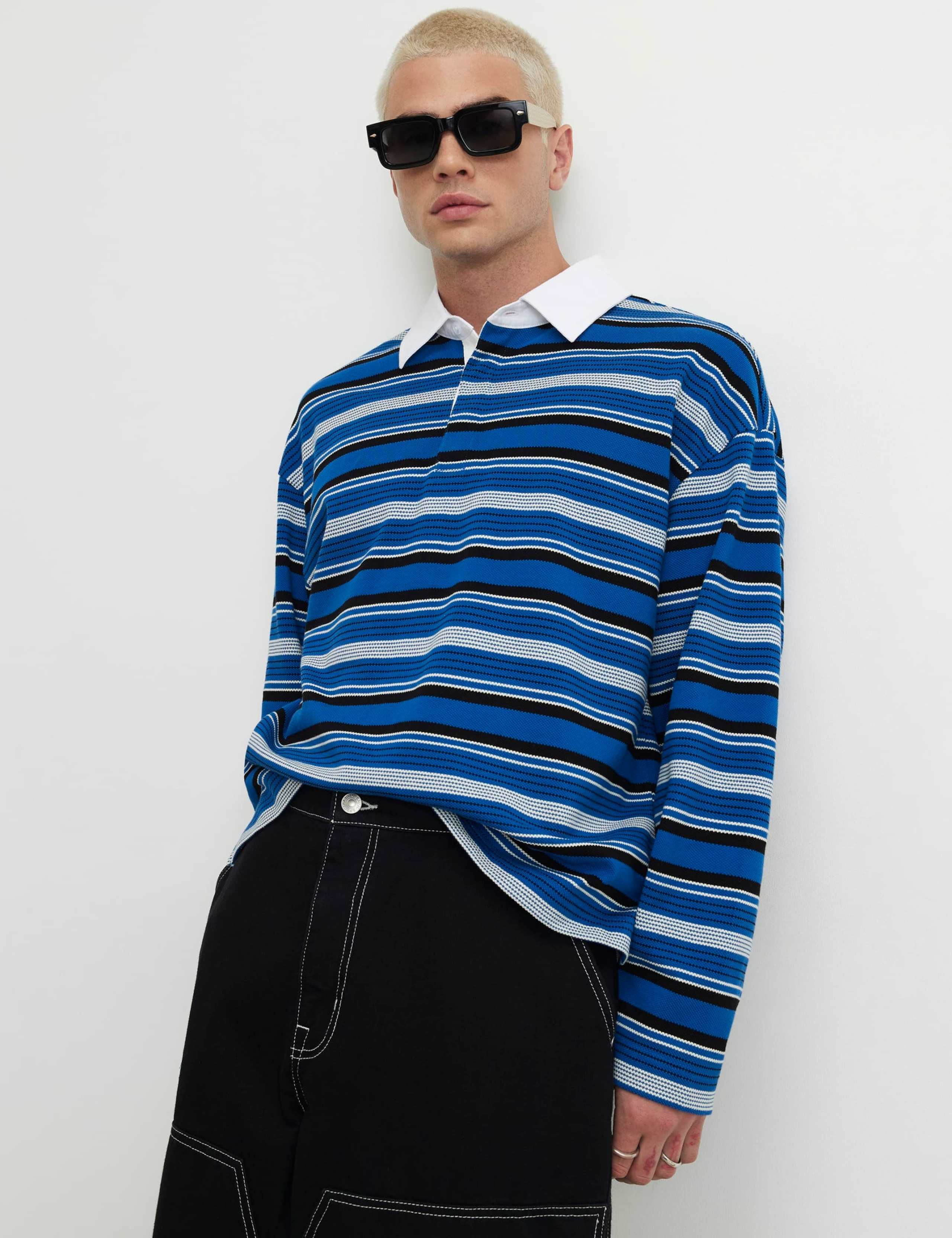 Oversized Pure Cotton Striped Long Sleeve Polo Shirt