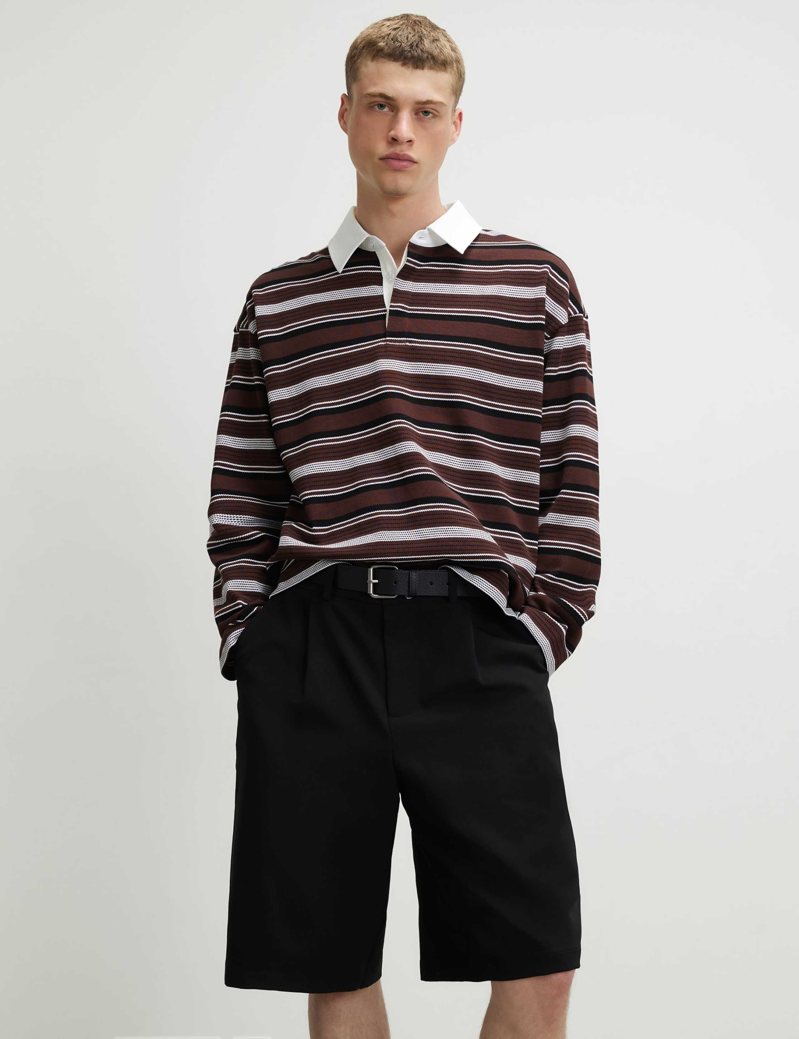 Oversized Pure Cotton Striped Long Sleeve Polo Shirt