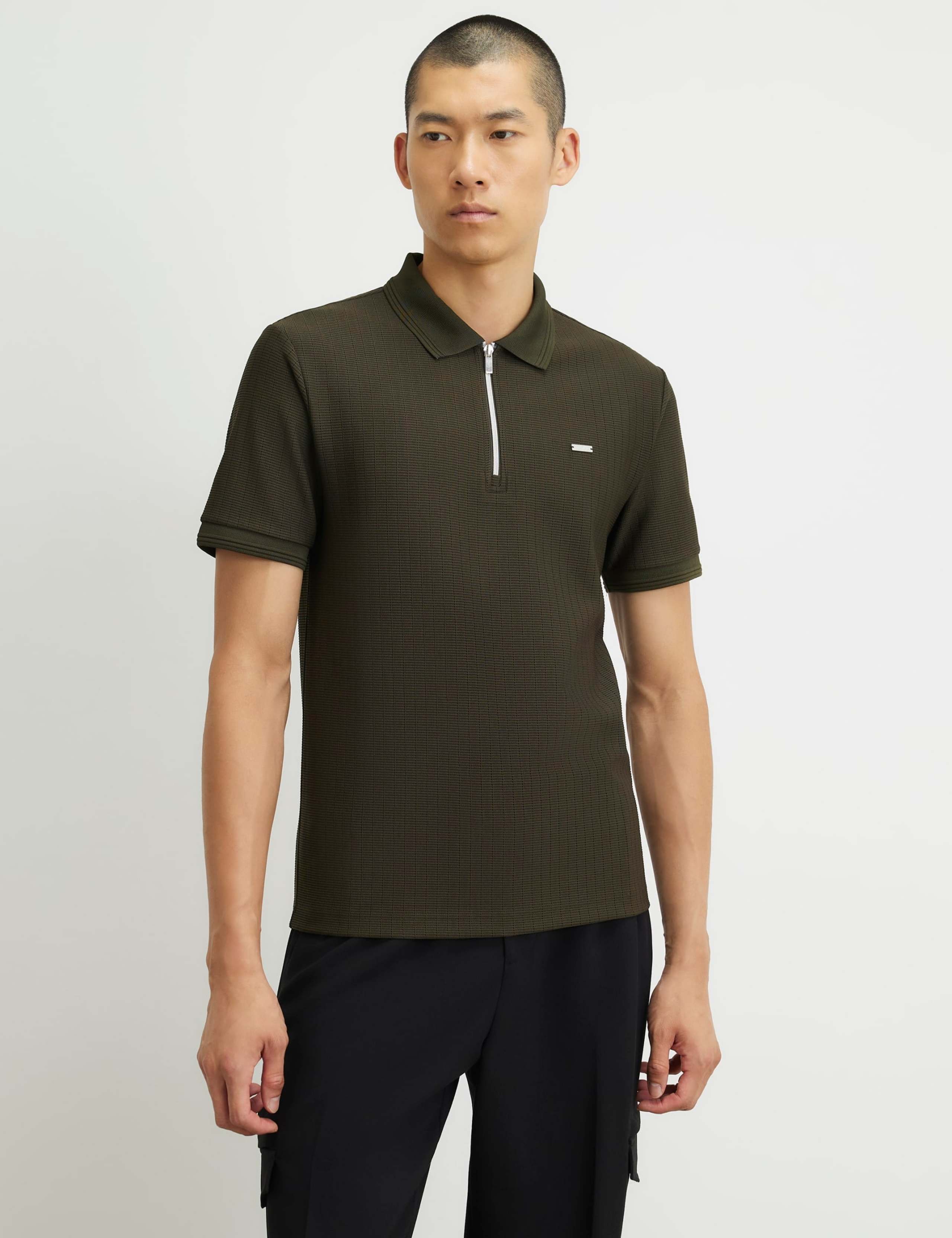Textured Zip Up Short Sleeve Polo Shirt