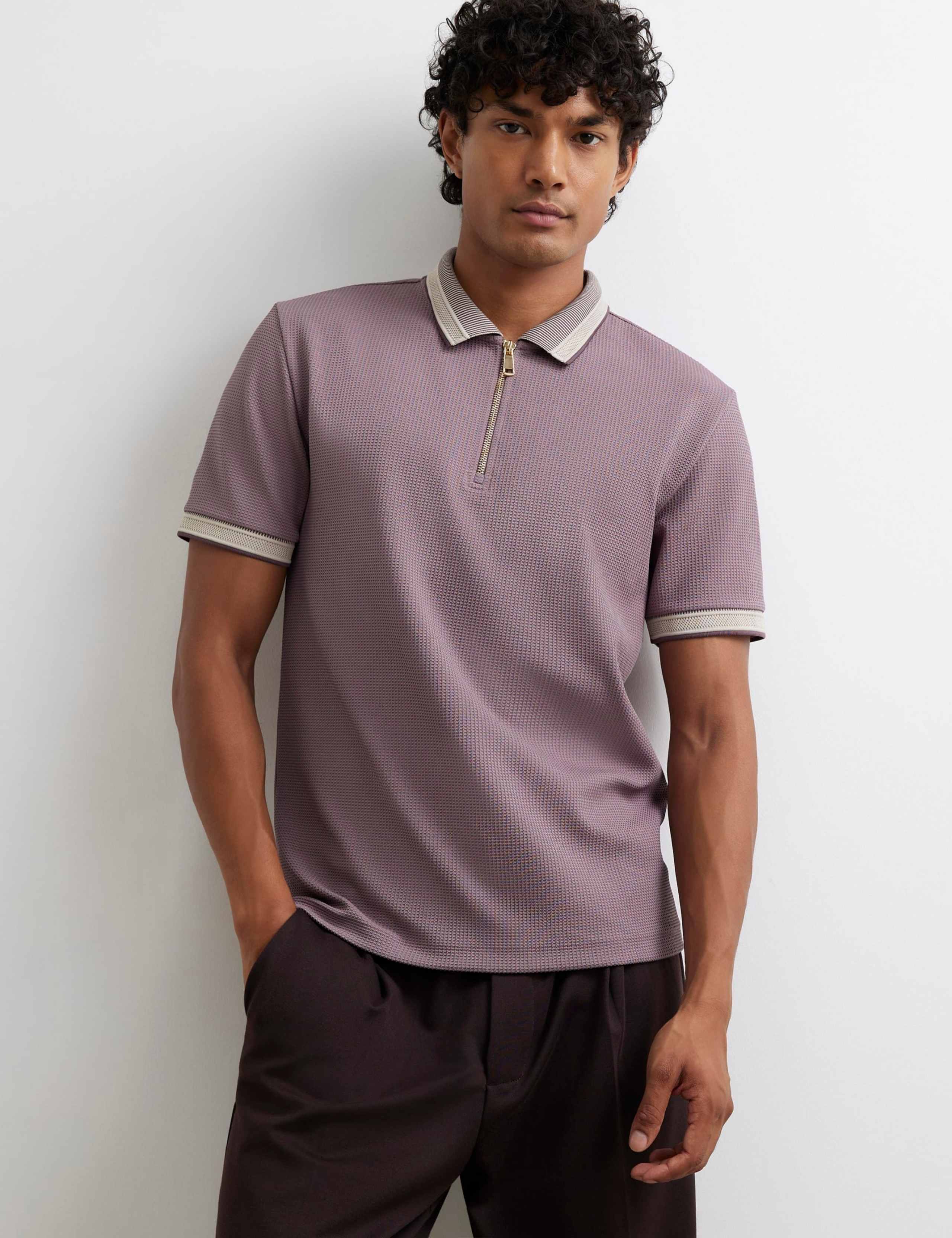 Slim Fit Waffle Zip Polo Shirt