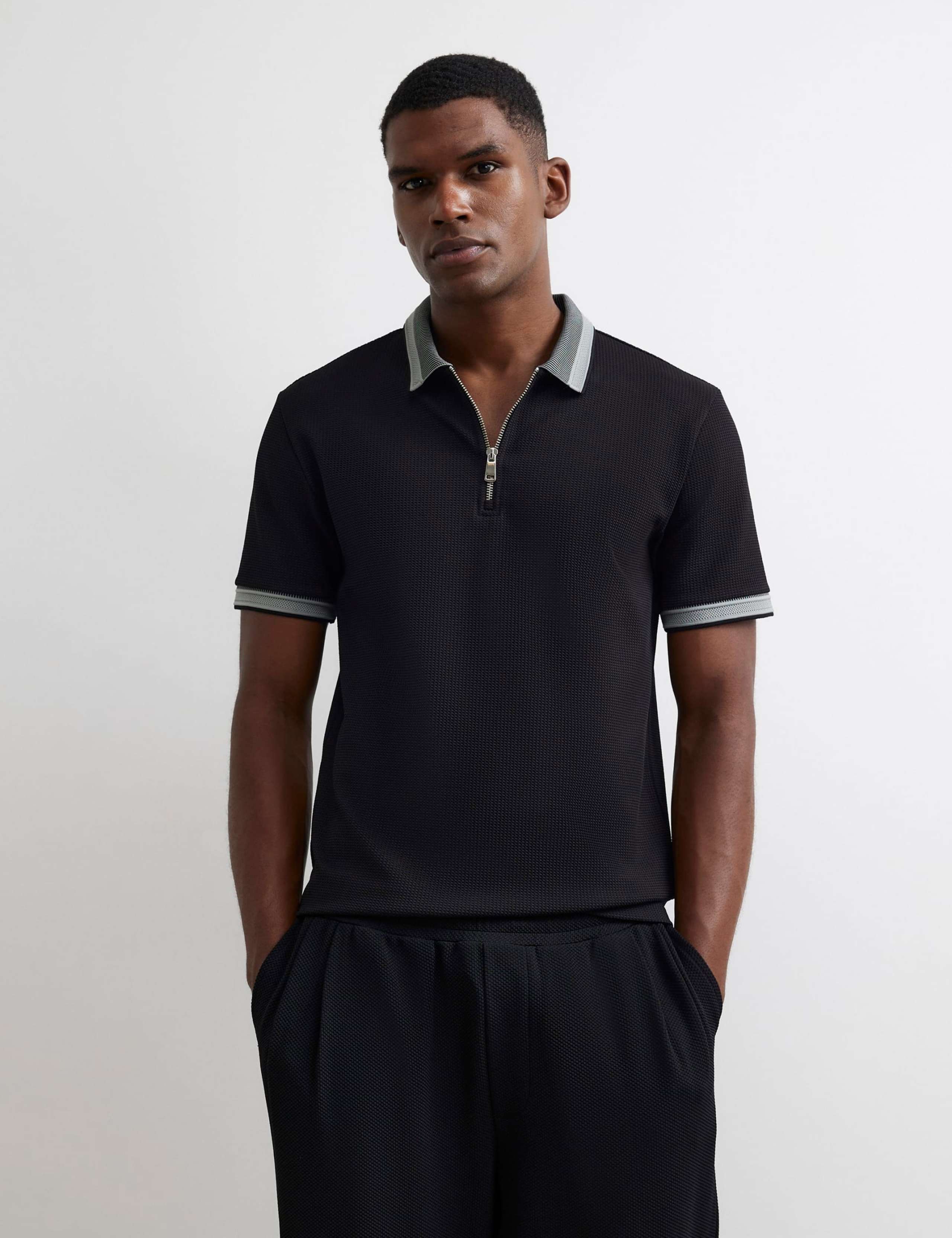 Slim Fit Waffle Zip Polo Shirt