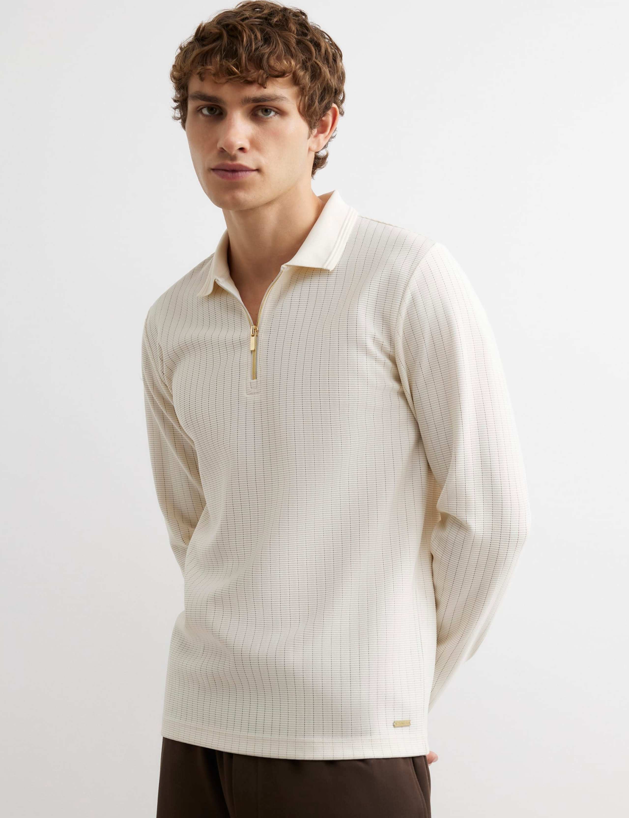 Textured Zip Up Long Sleeve Polo Shirt