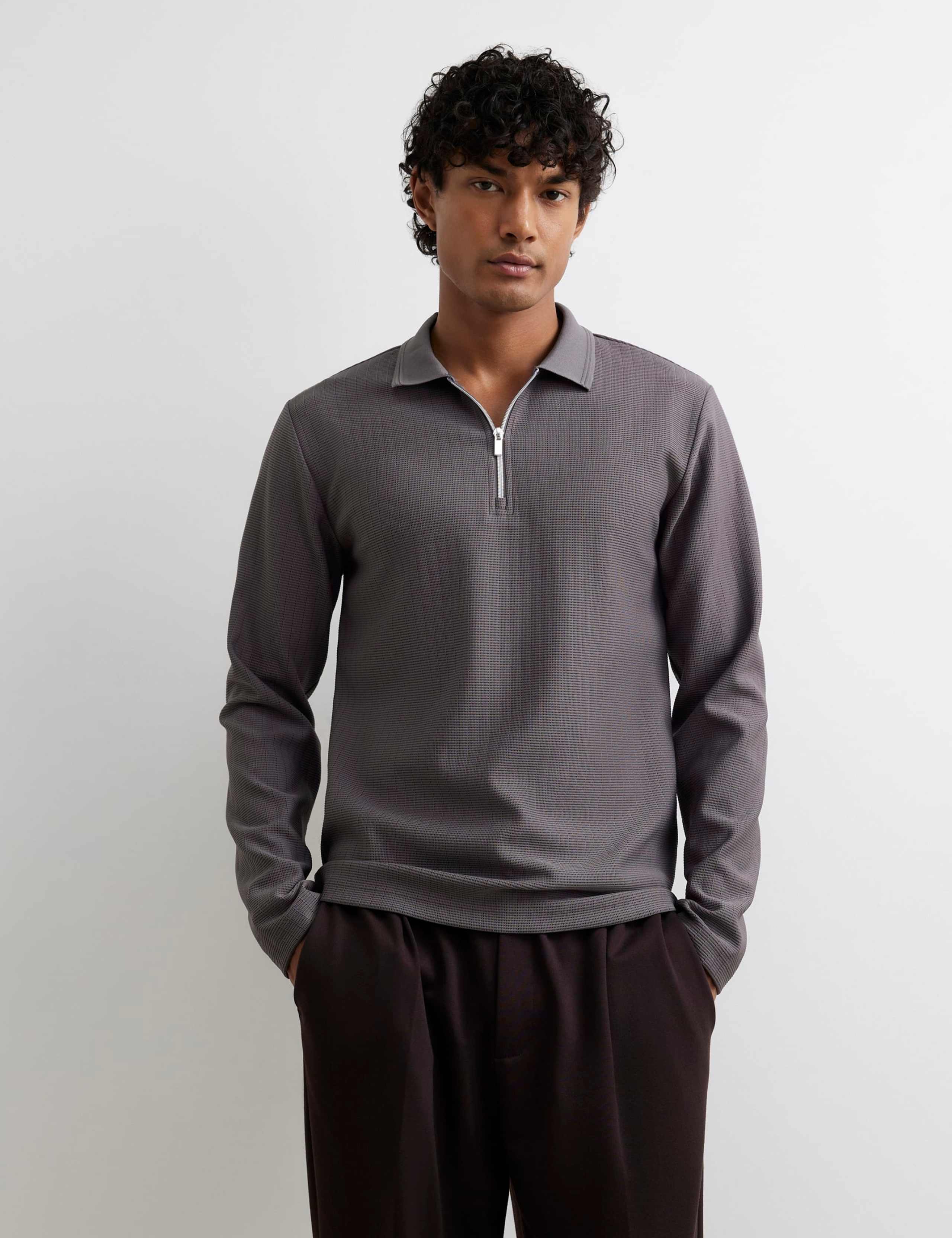 Textured Zip Up Long Sleeve Polo Shirt