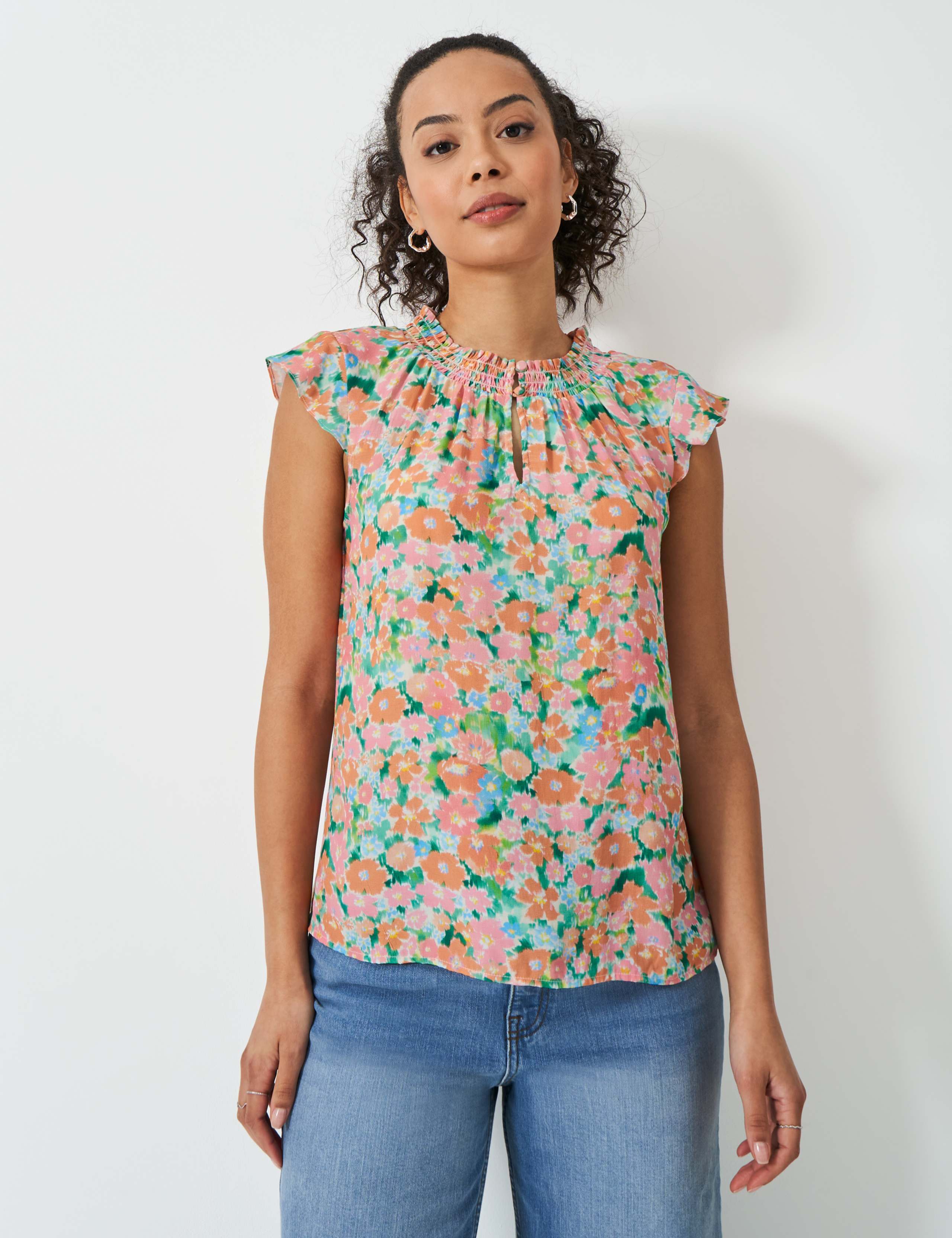 Floral Crew Neck Cap Sleeve Blouse