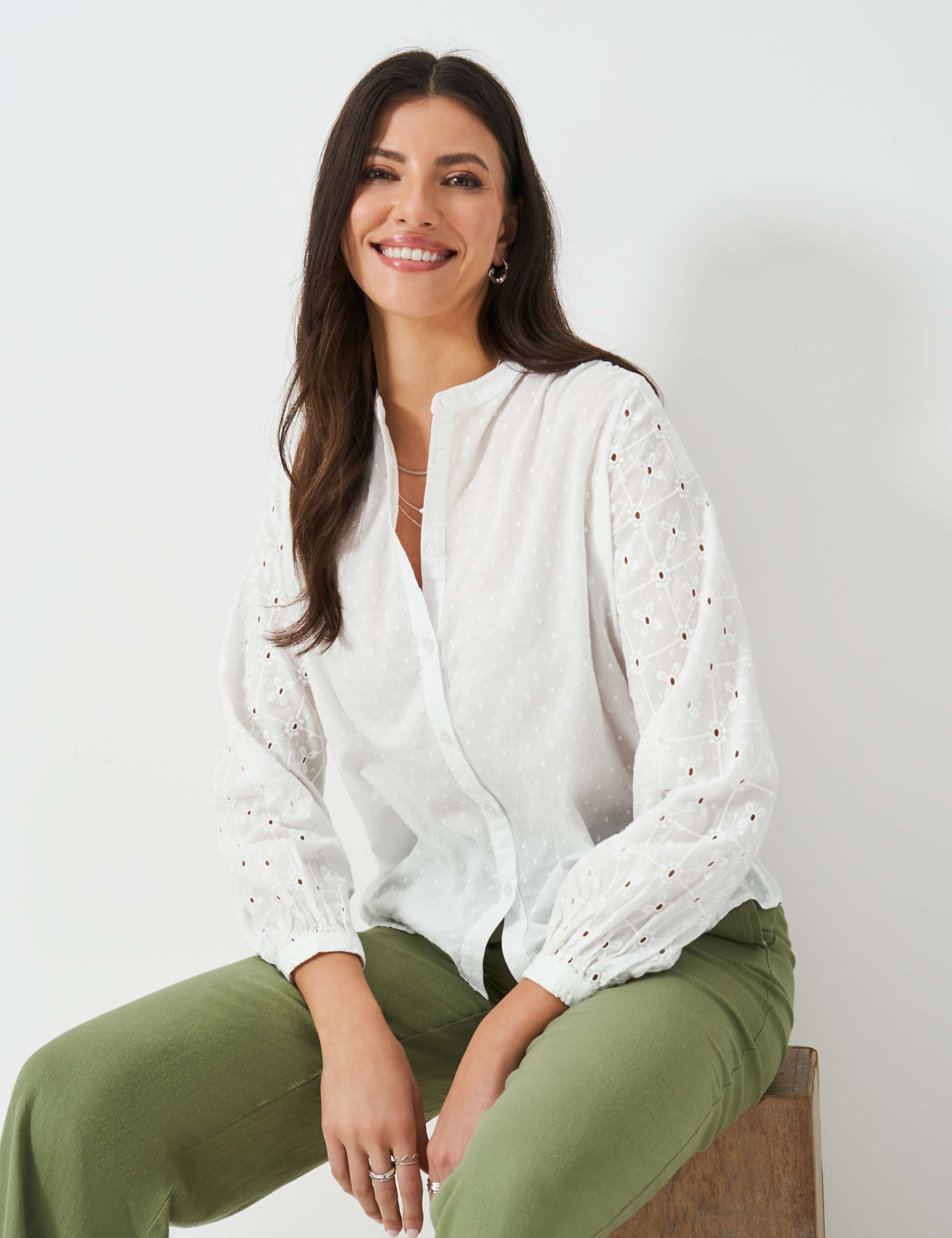 Pure Cotton Broderie Button Through Blouse