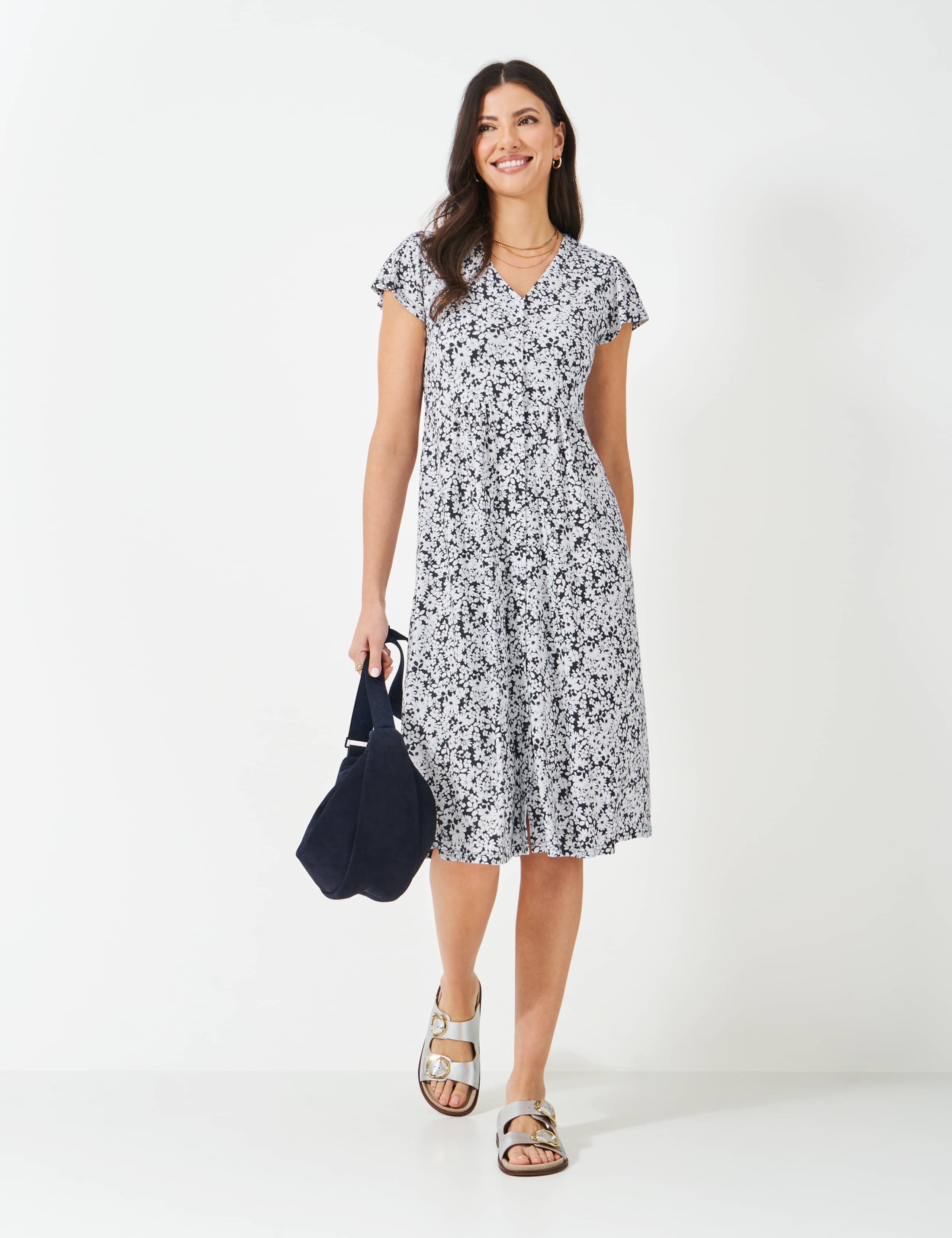 Jersey Floral V-Neck Midi Tea Dress
