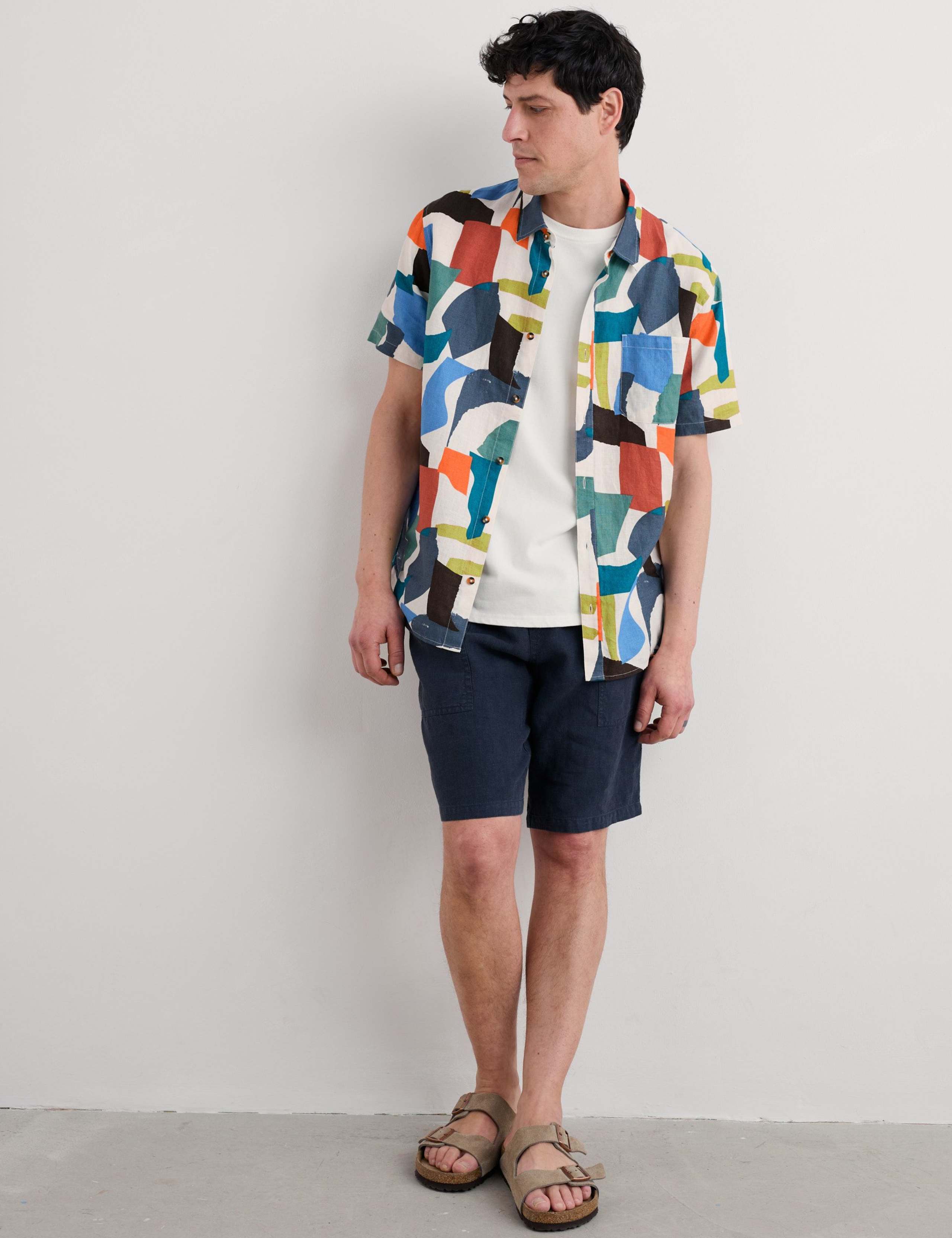 Pure Linen Geometric Short Sleeve Shirt