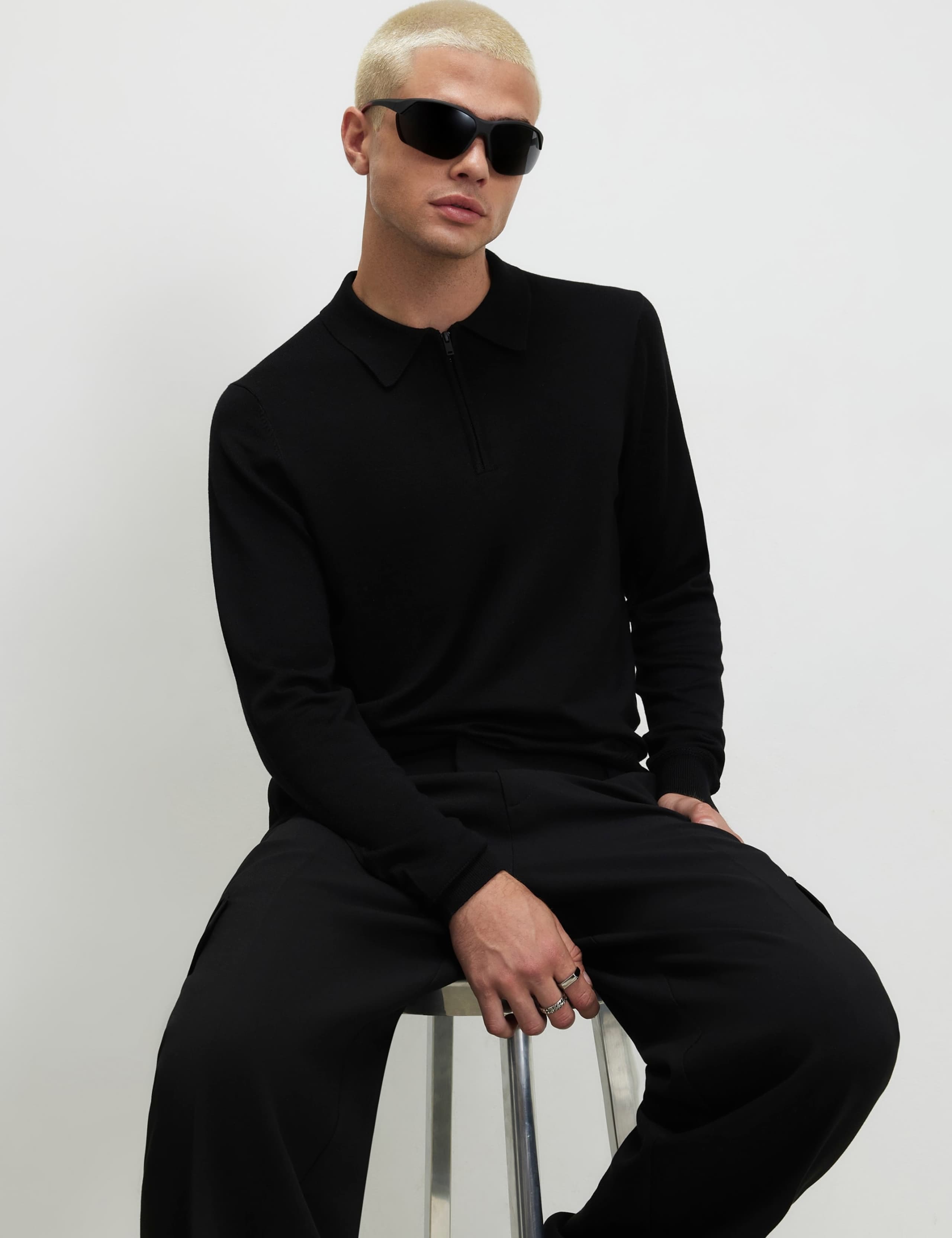 Slim Fit Zip Up Long Sleeve Polo Shirt