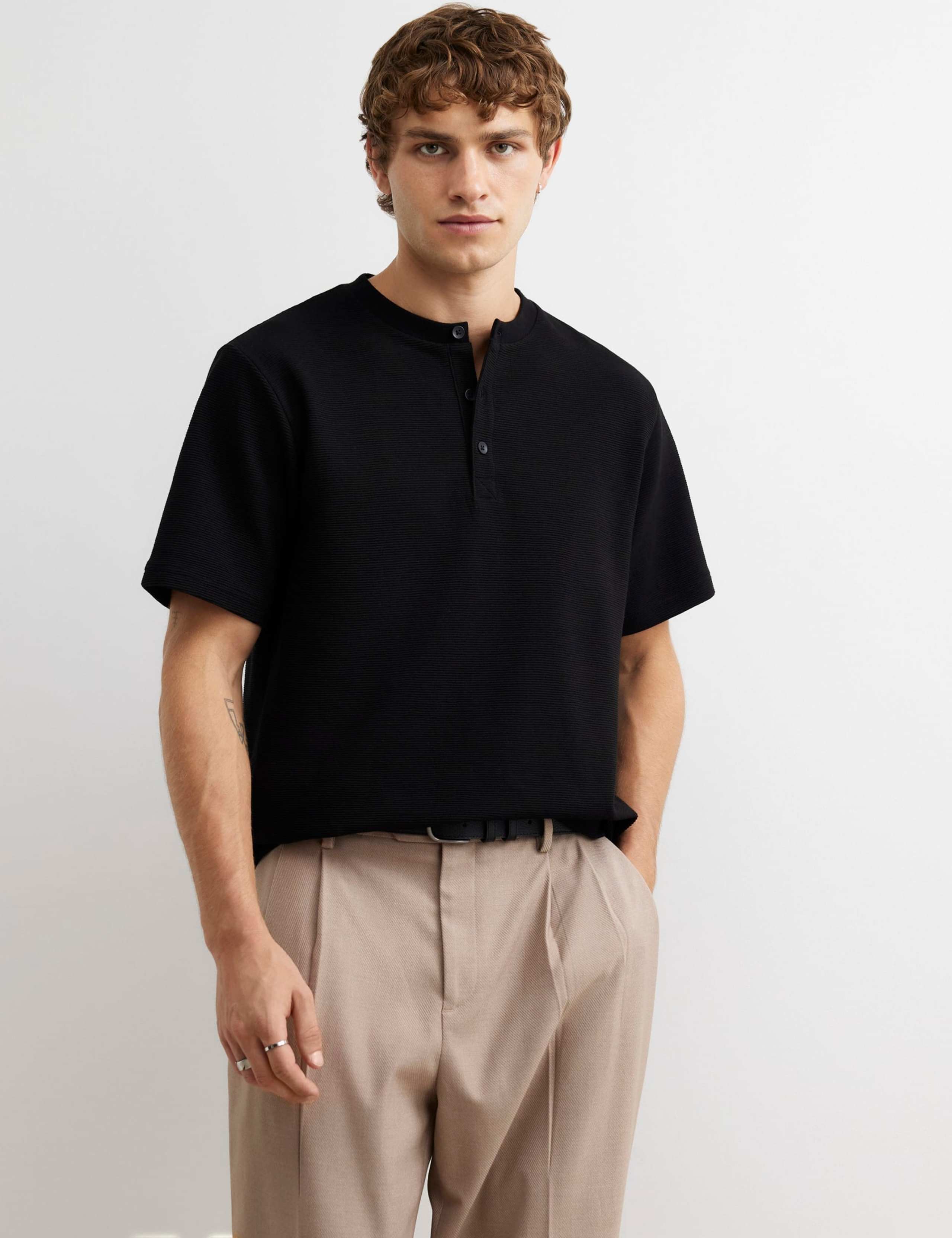 Cotton Blend Henley Short Sleeve T-Shirt