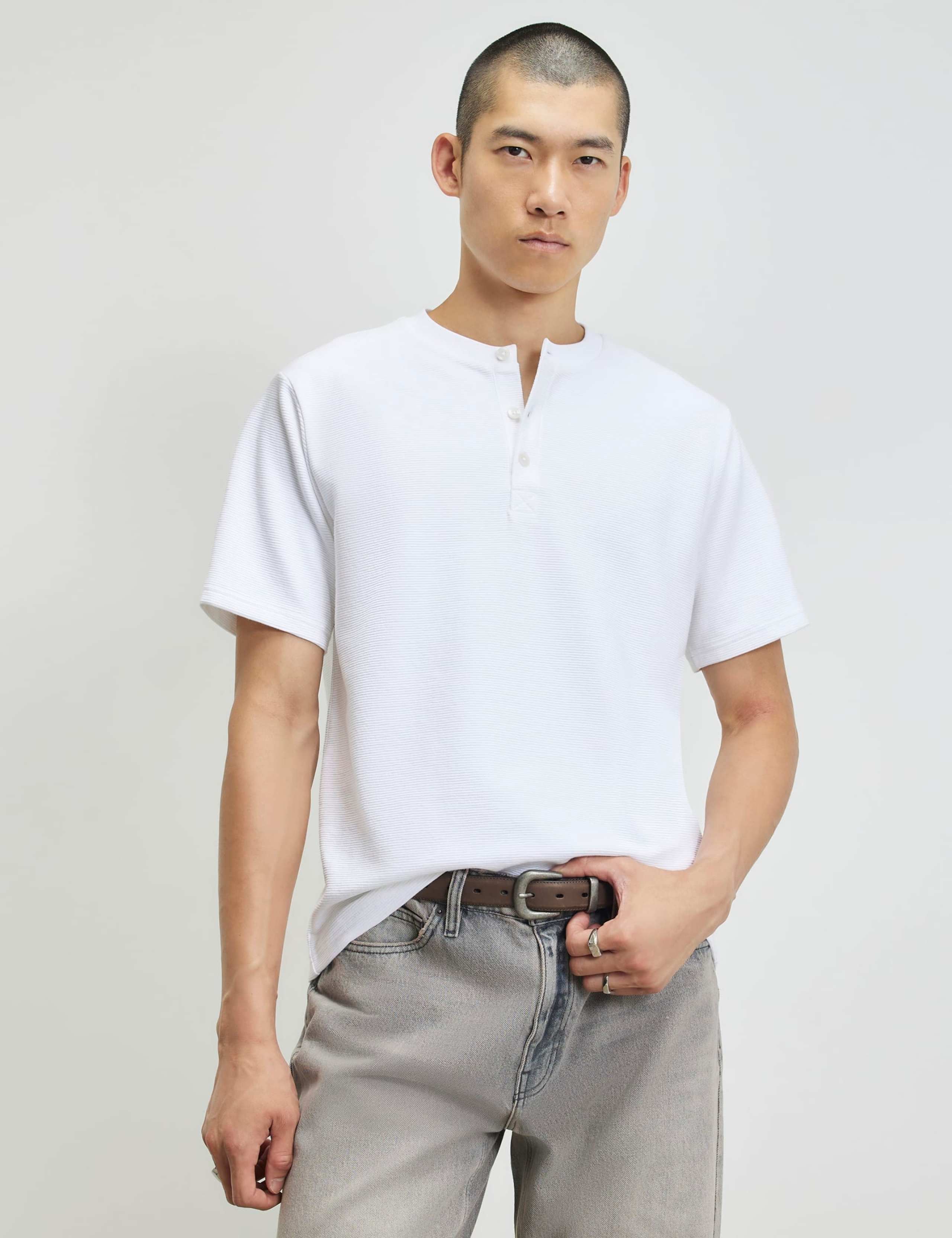 Cotton Blend Henley Short Sleeve T-Shirt