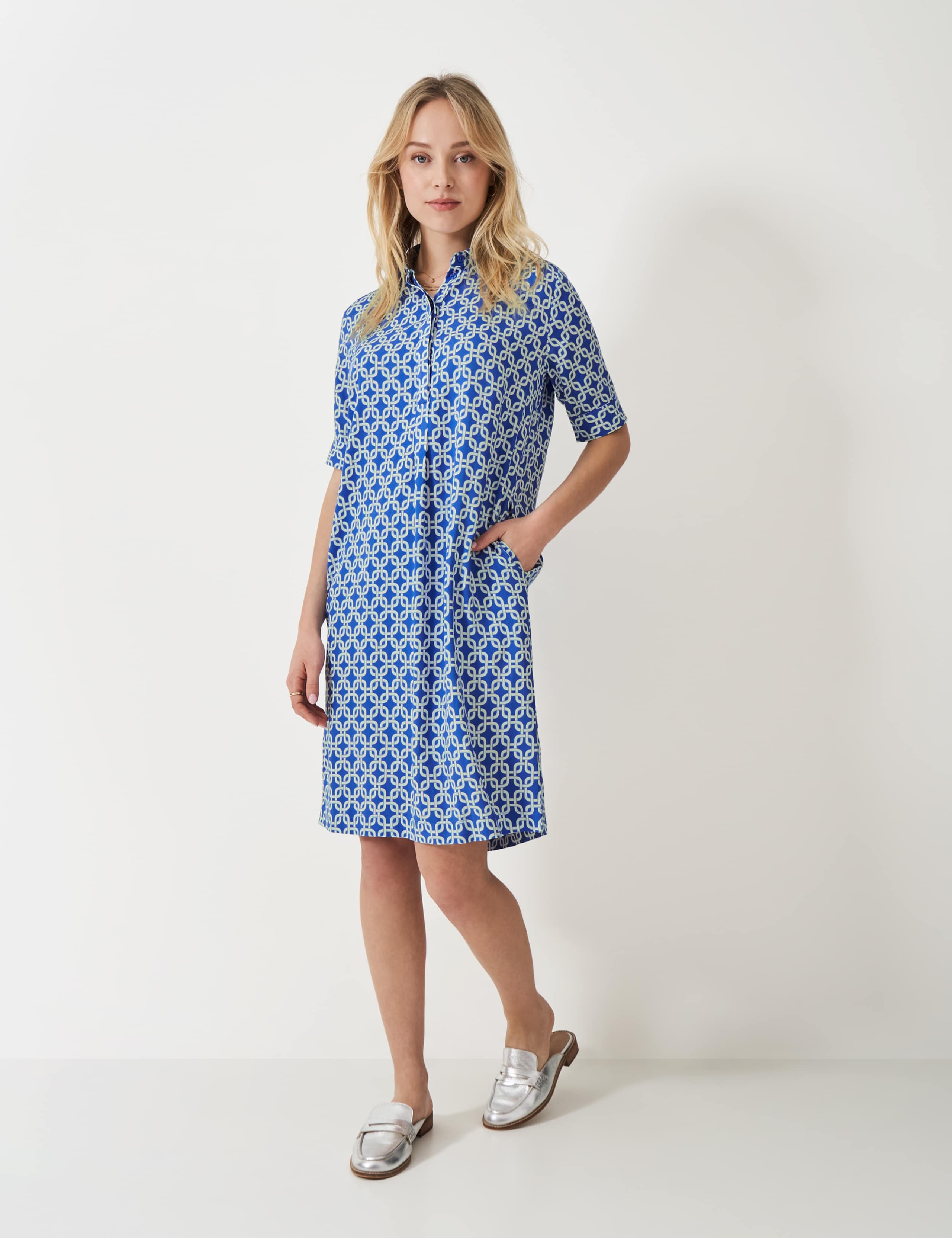 Geometric Collared Knee Length Shirt Dress