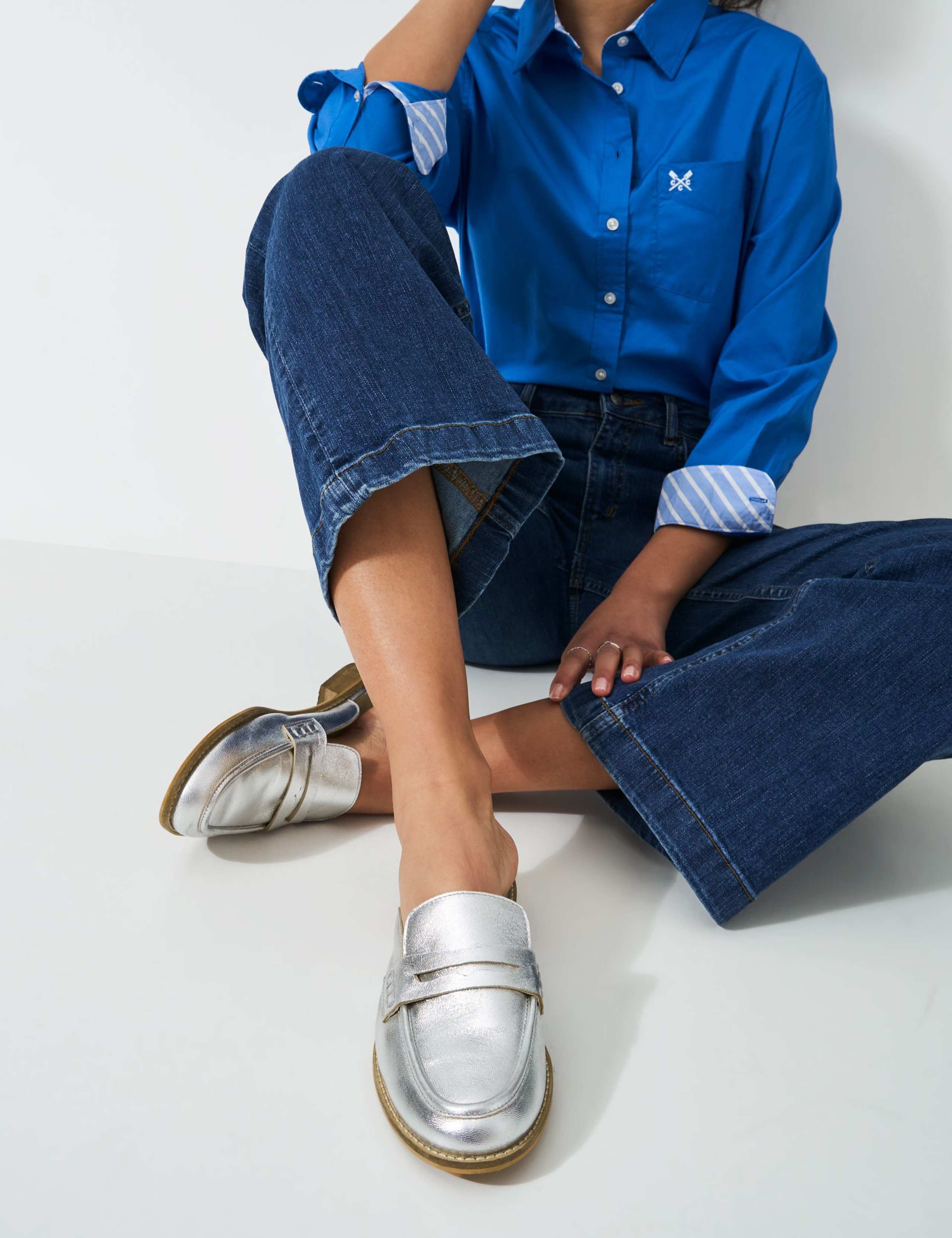 Leather Metallic Backless Block Heel Loafers