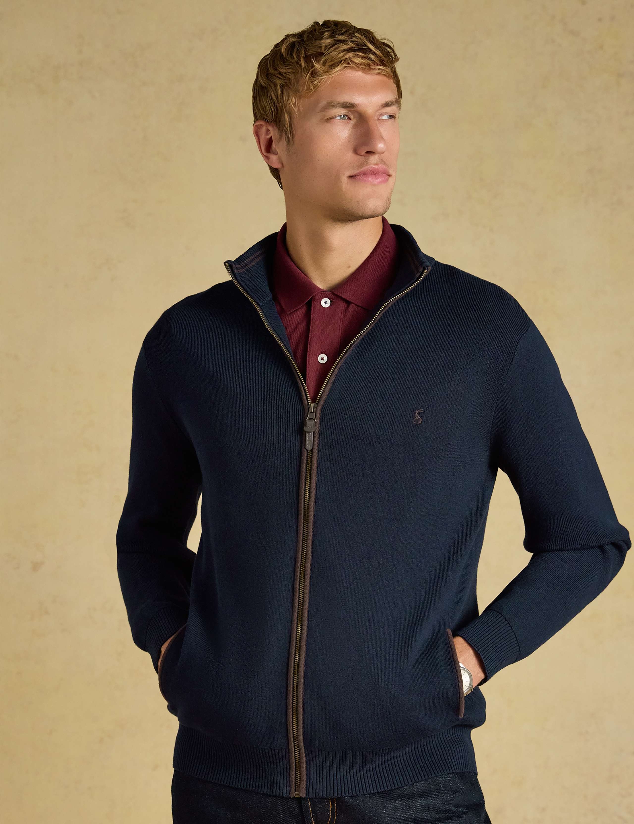 Pure Cotton Textured Funnel Neck Zip Up Cardigan