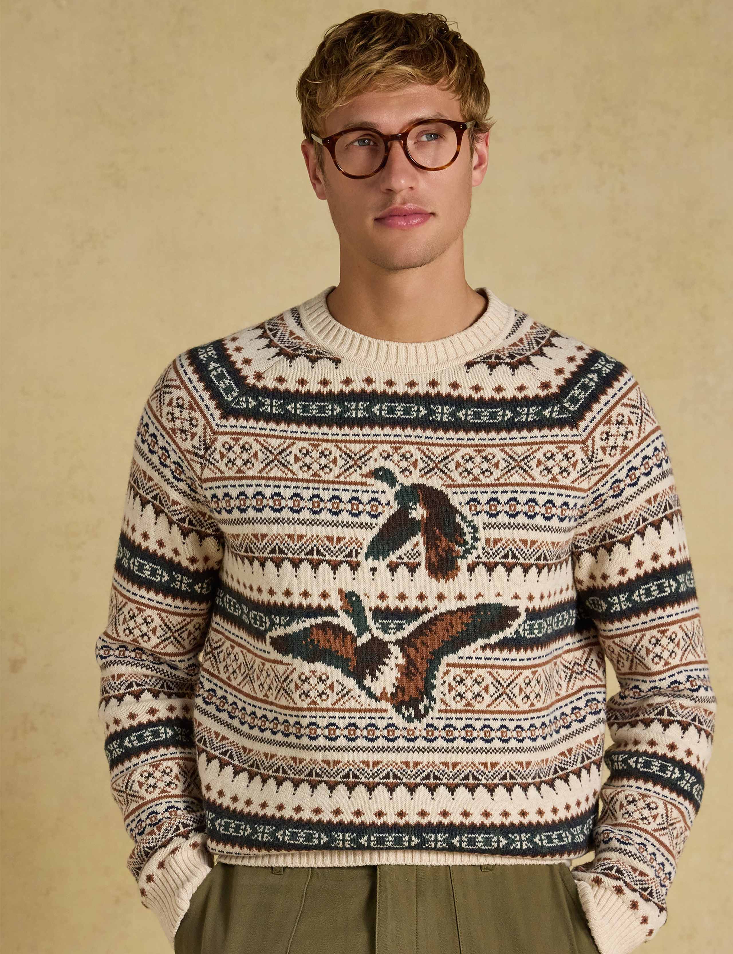 Cotton Rich Intarsia Duck Crew Neck Jumper with Wool