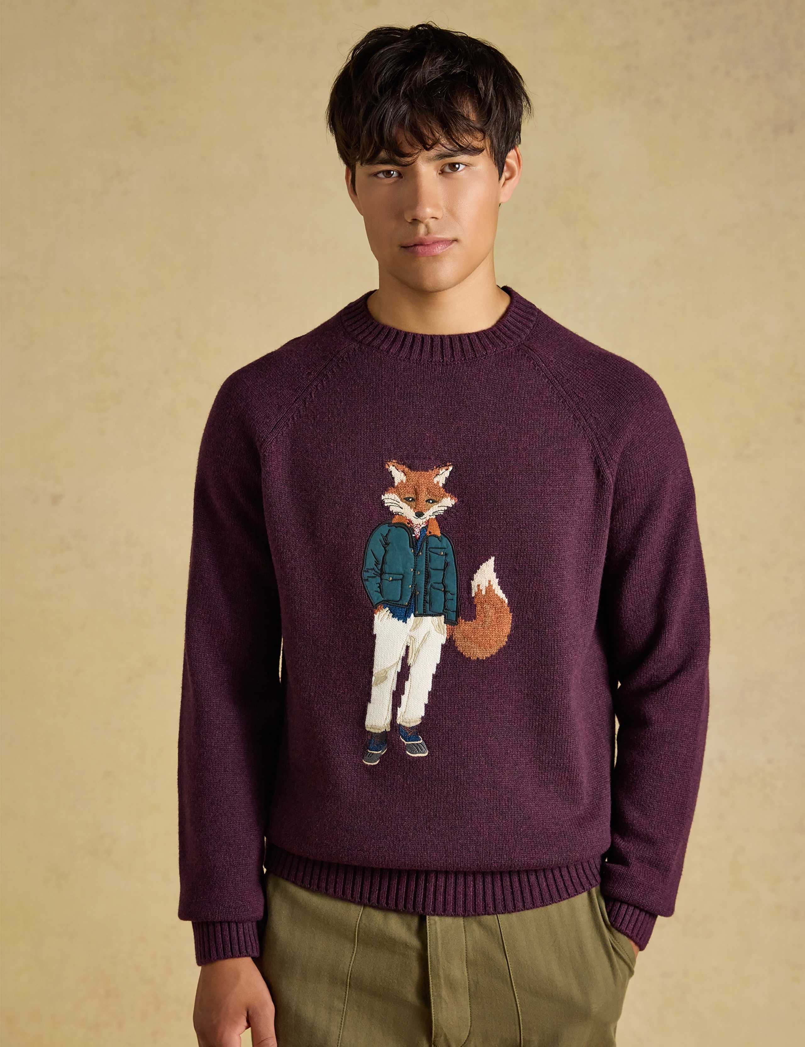 Cotton Rich Intarsia Fox Crew Neck Jumper with Wool