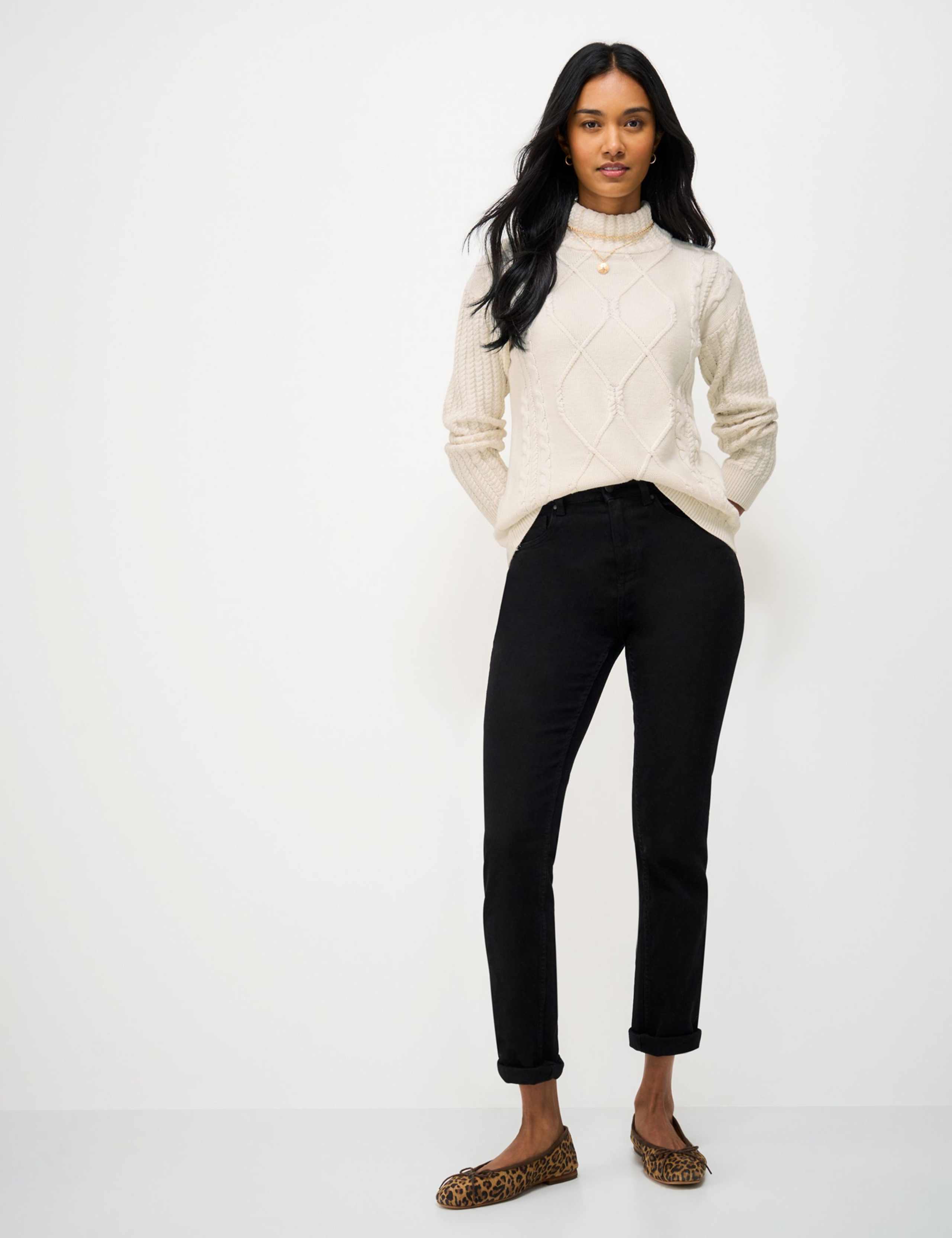 Pure Cotton Cable Knit Roll Neck Jumper