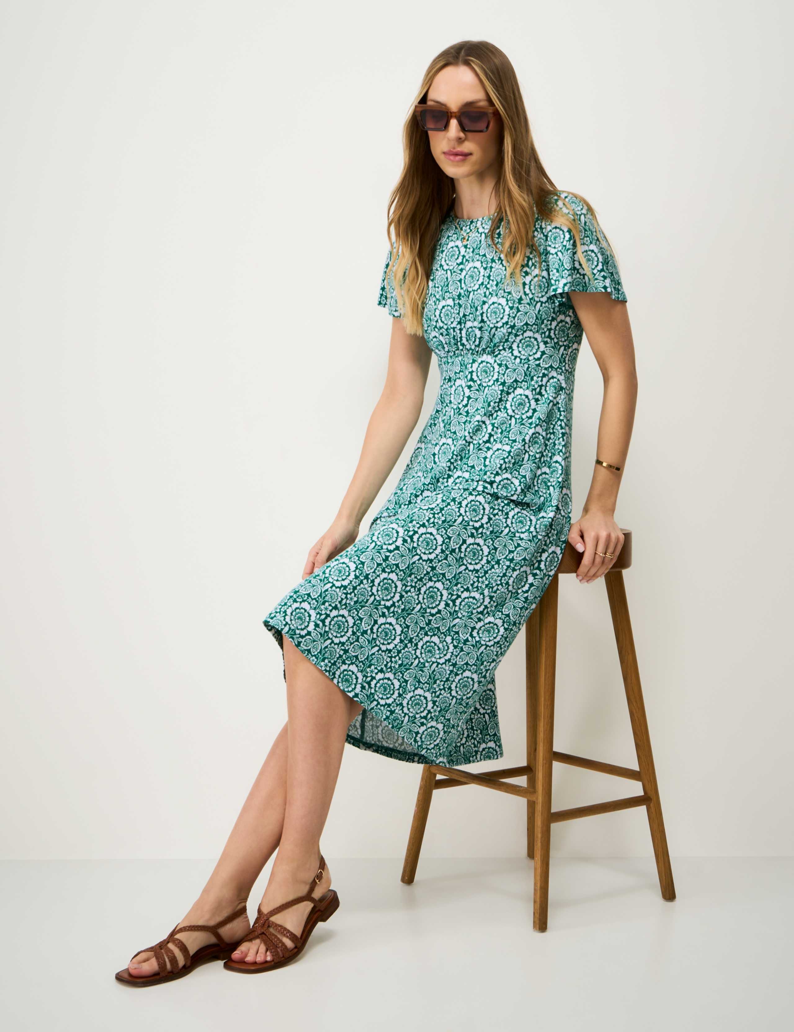Jersey Floral Midi Waisted Dress