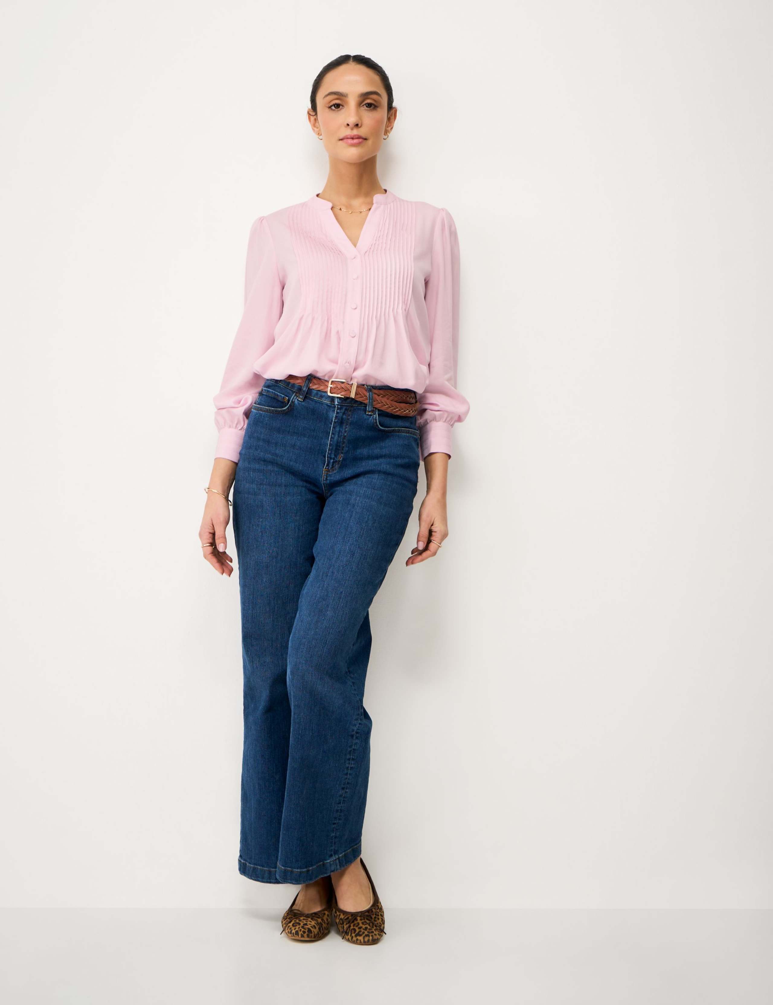 V-Neck Pintuck Blouse with Lyocell