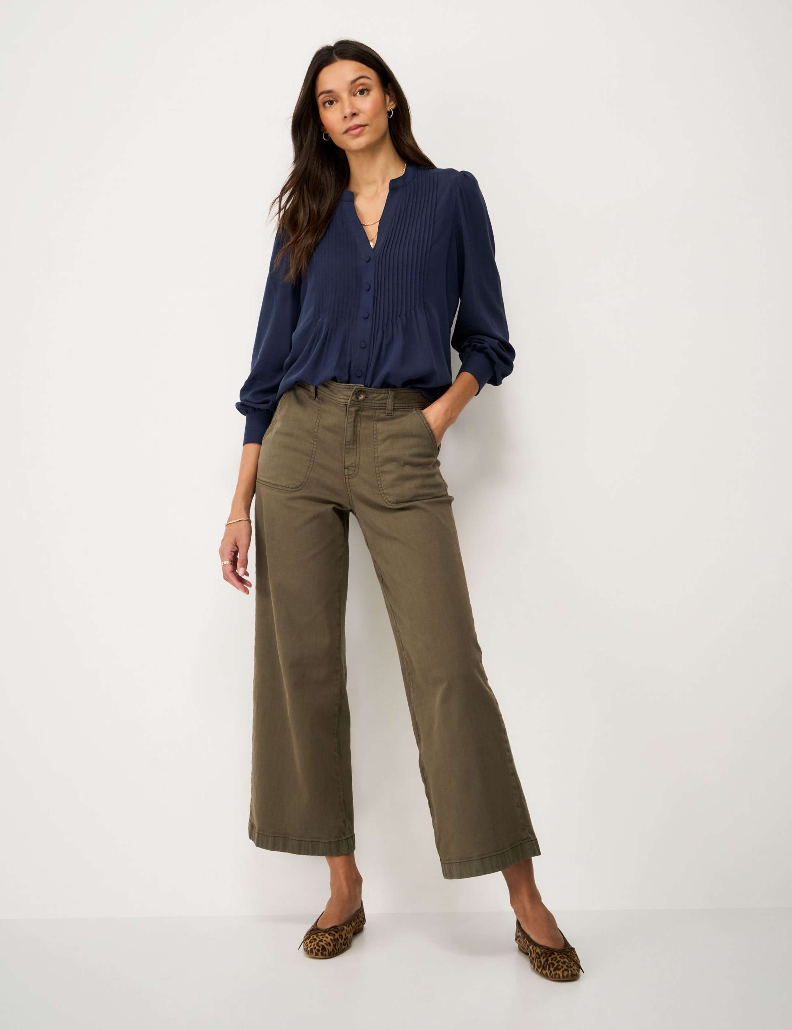 V-Neck Pintuck Blouse with Lyocell