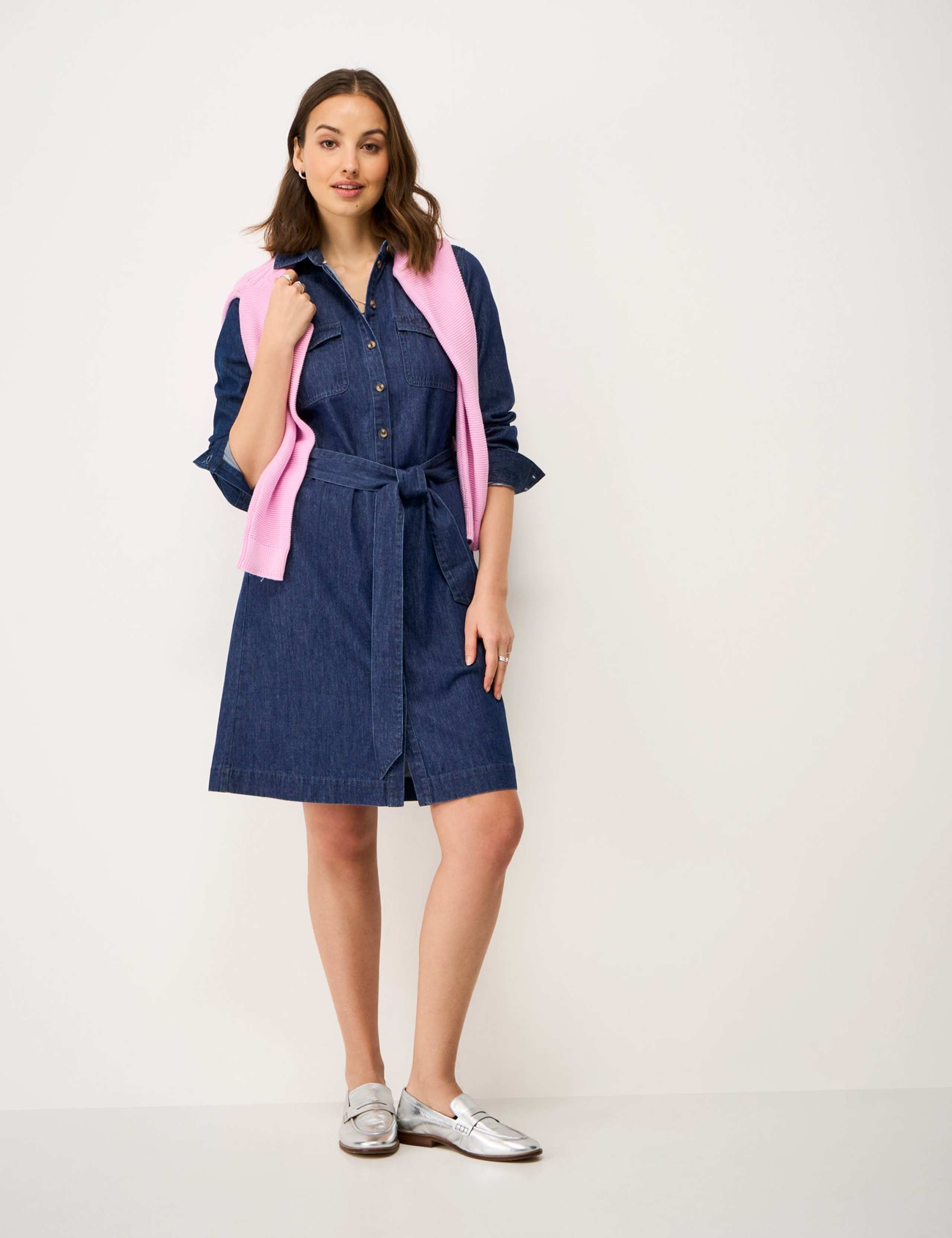 Denim Belted Knee Length Shirt Dress