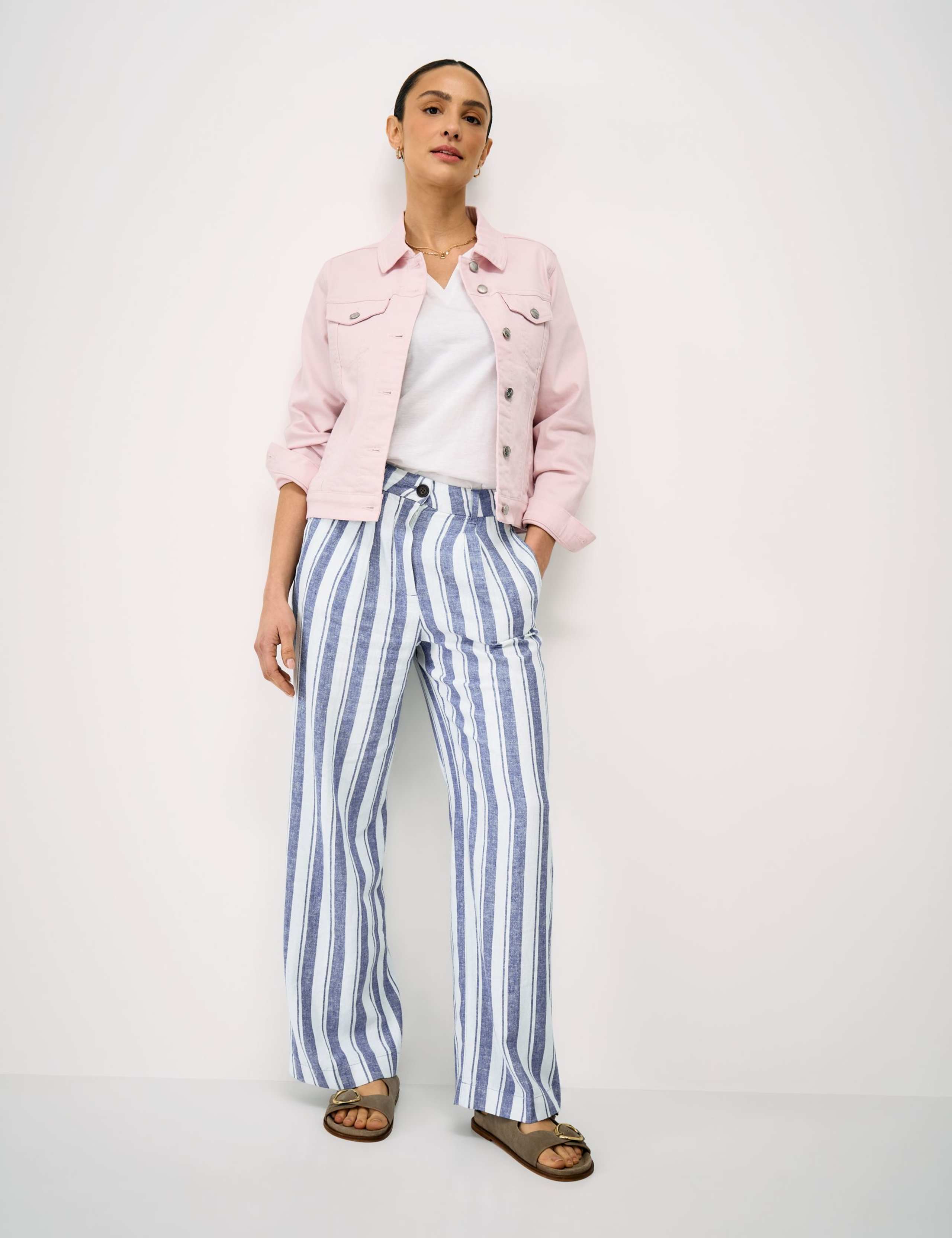 Linen Rich Striped Wide Leg Trousers