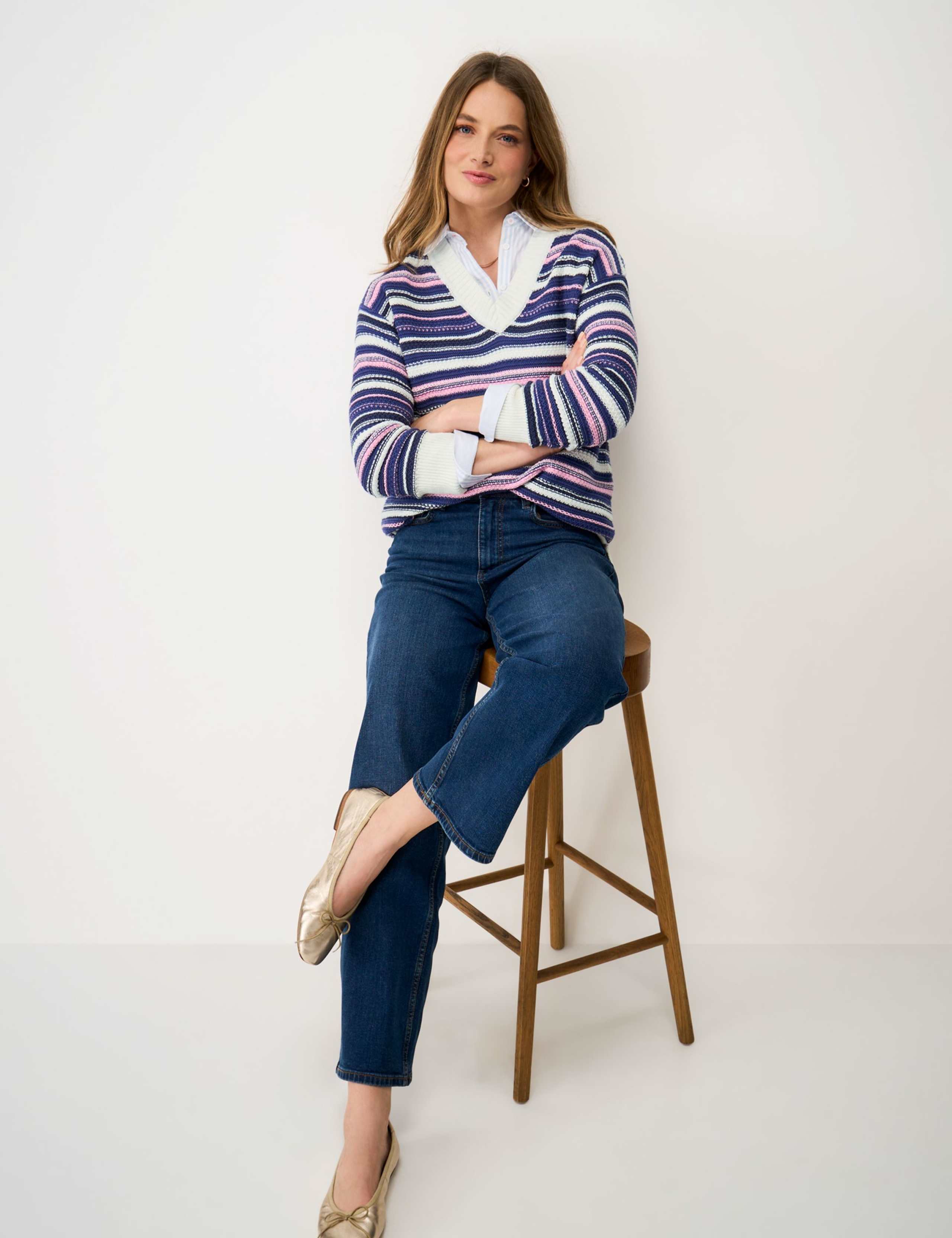 Pure Cotton Textured Striped V-Neck Jumper