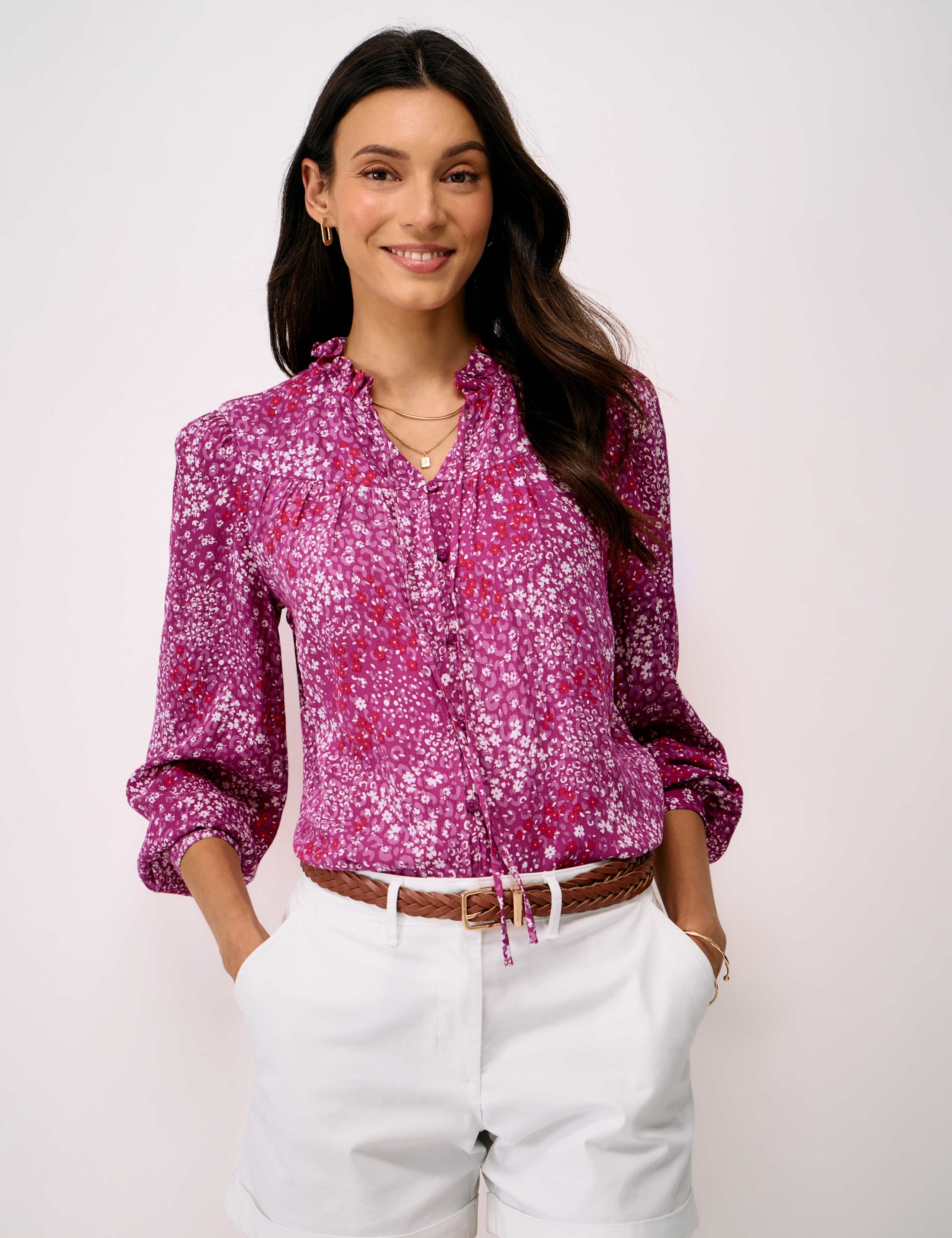 Ditsy Floral Tie Neck Button Through Blouse