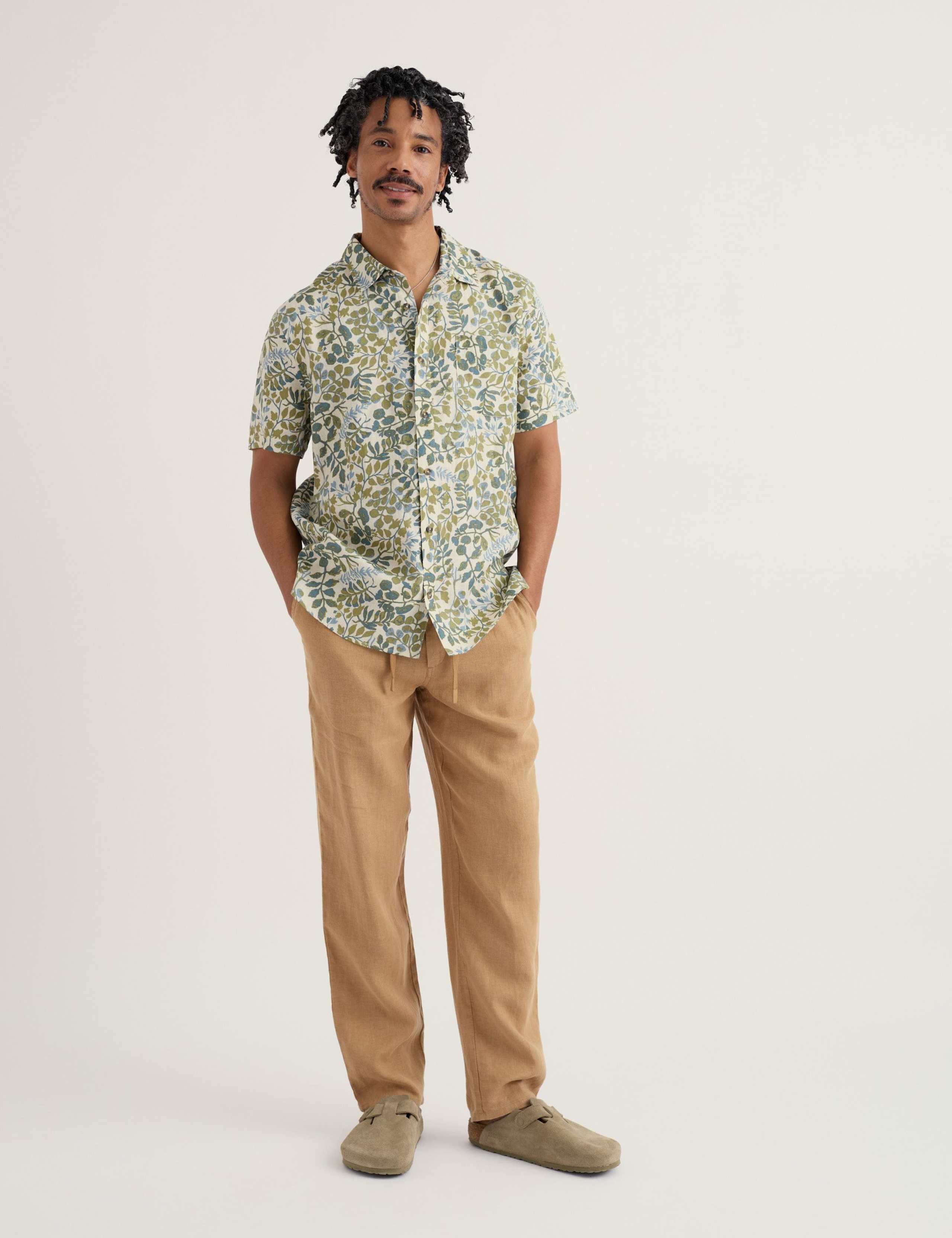 Regular Fit Pure Linen Floral Short Sleeve Shirt