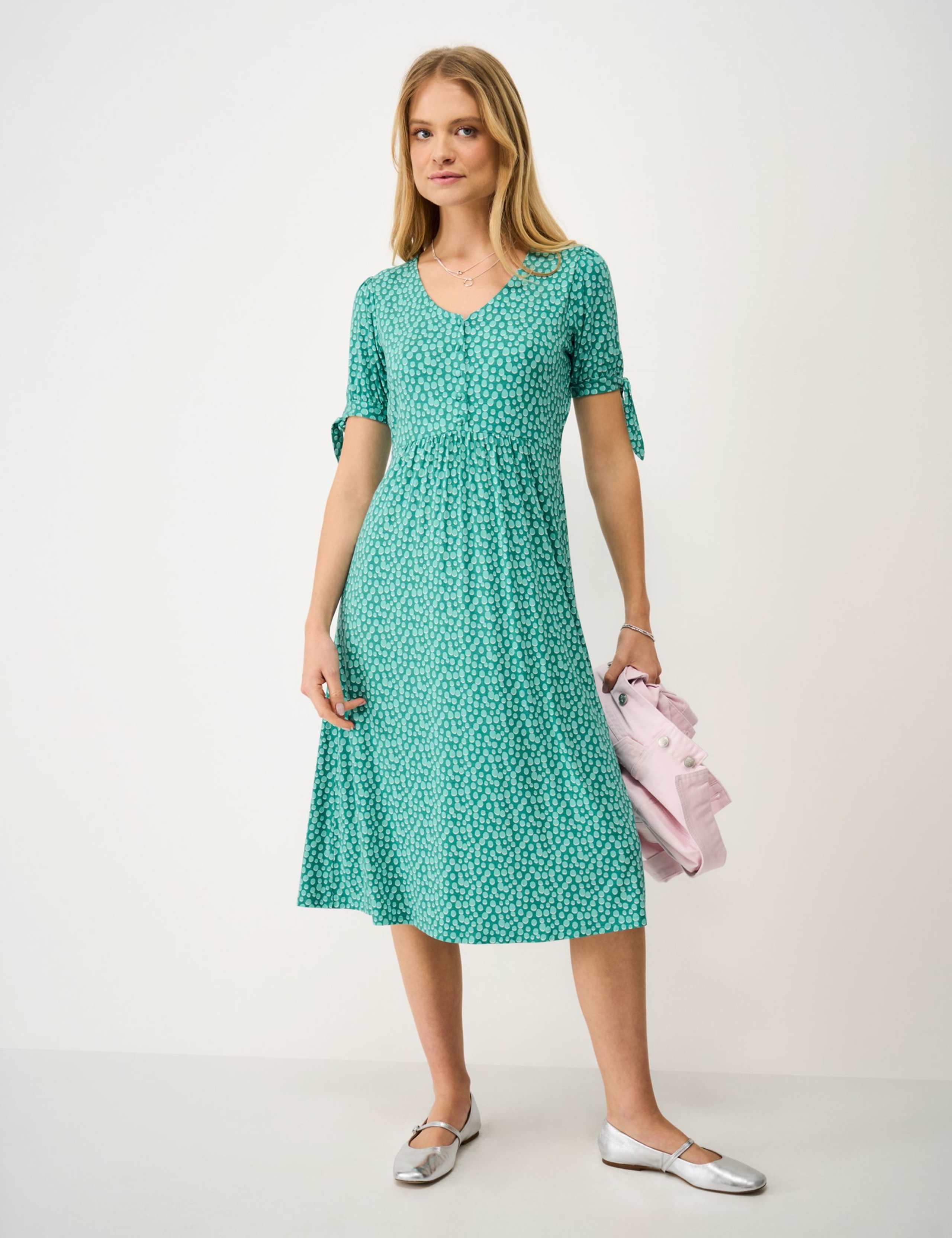 Jersey Polka Dot V-Neck Tie Cuff Tea Dress