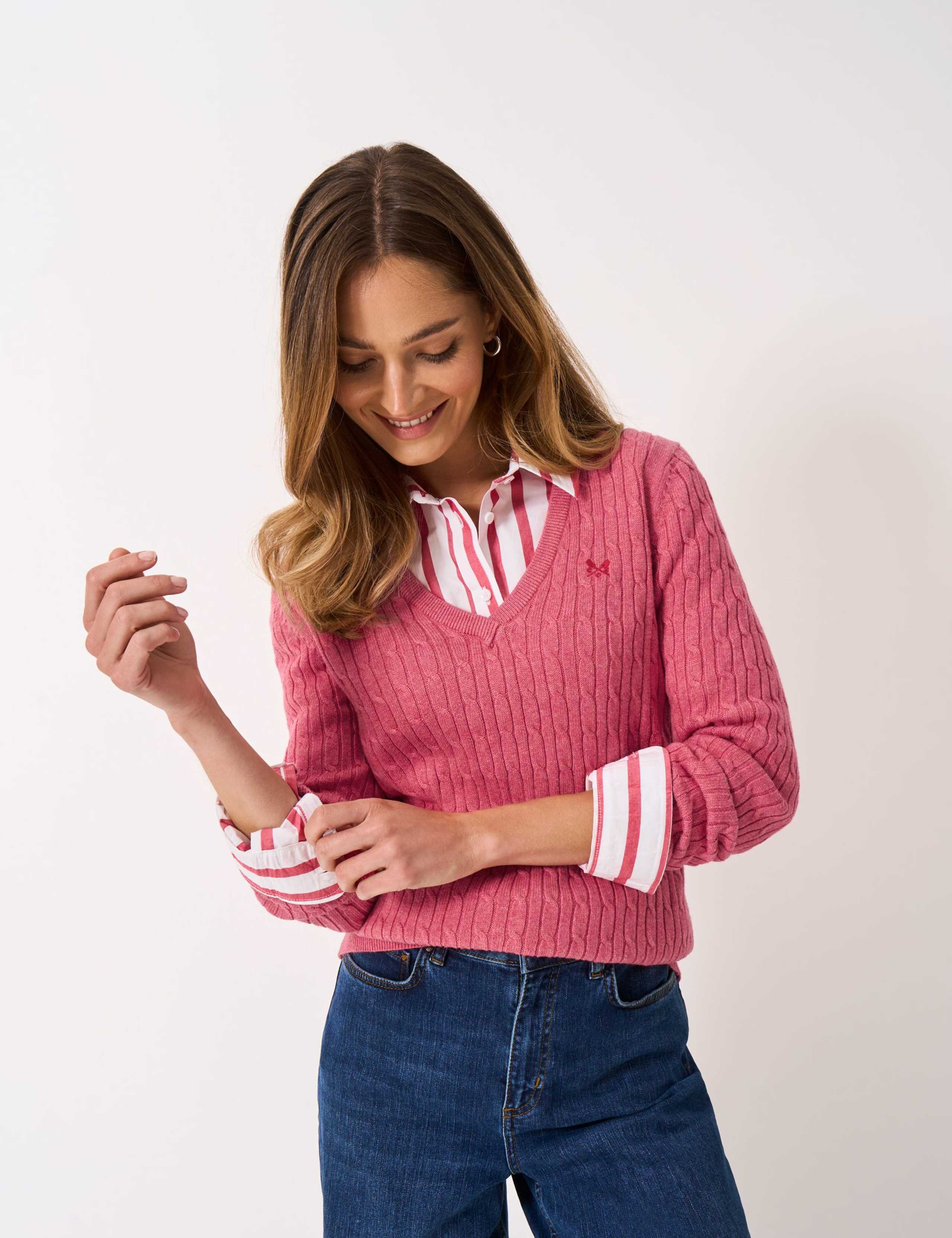 Cotton Rich Cable Knit V-Neck Jumper