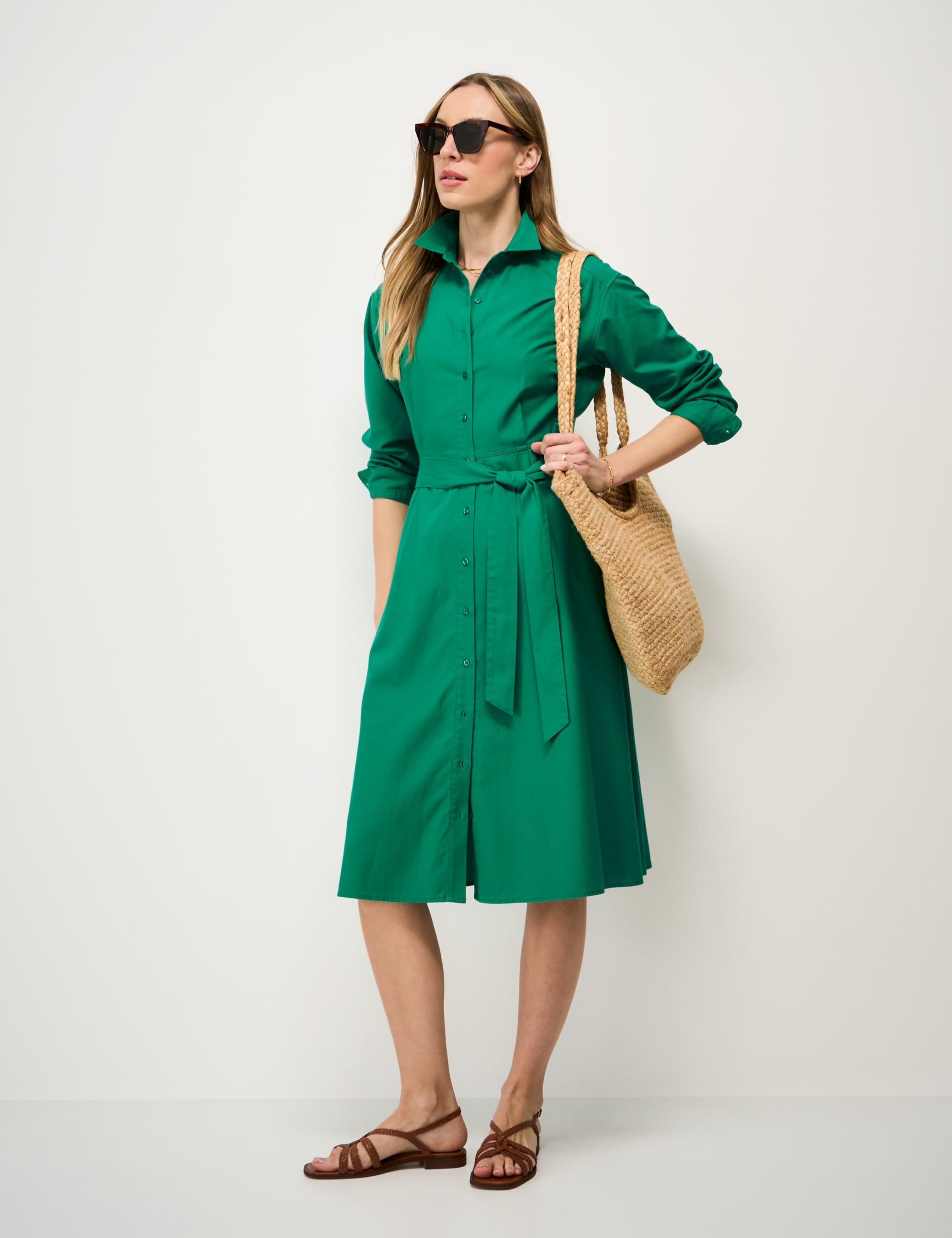 Belted Midi Shirt Dress with Linen